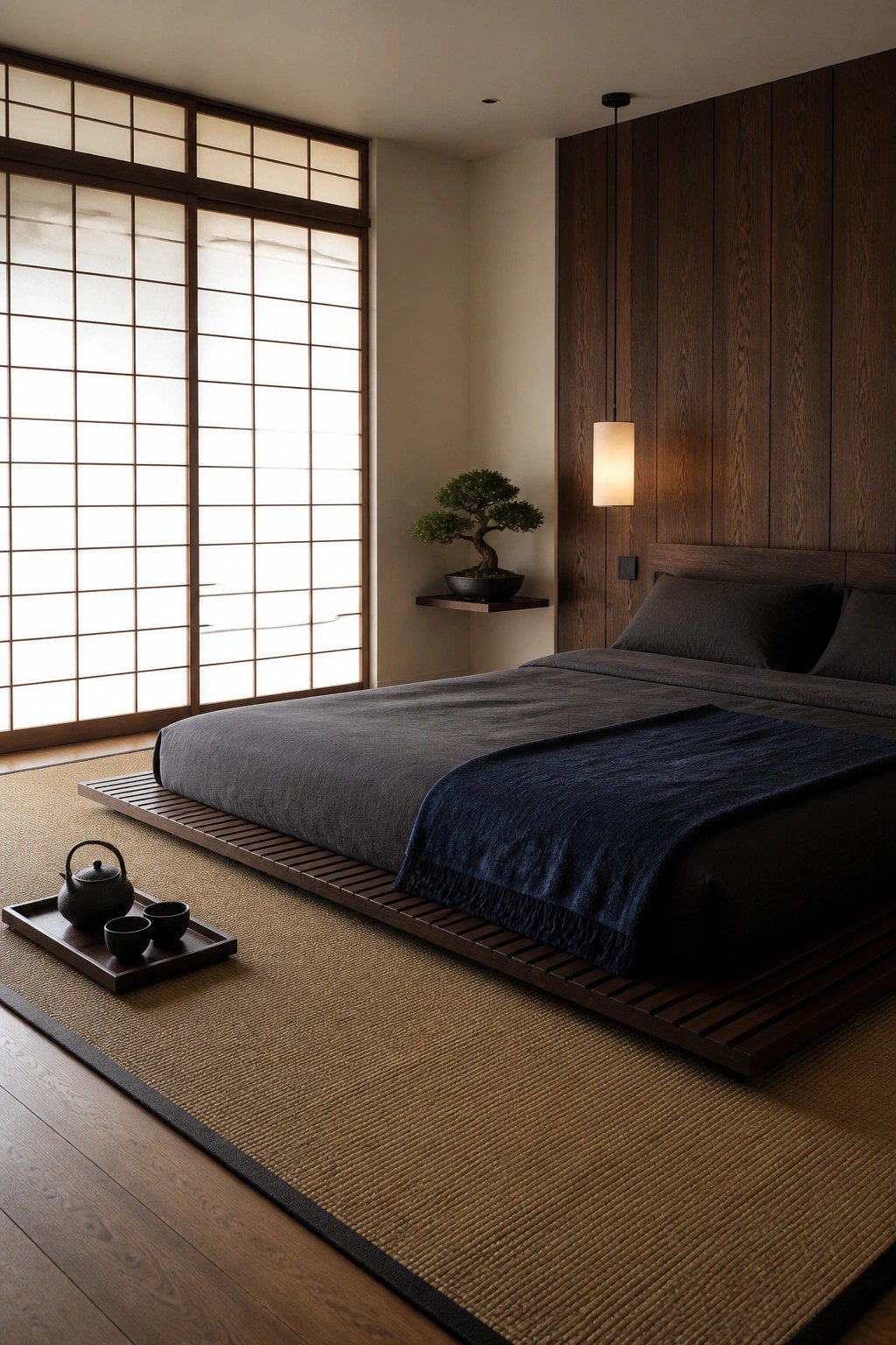 A bedroom featuring a low dark wood platform bed with gray and navy bedding on a tatami mat, next to shoji screens and a dark wood accent wall.