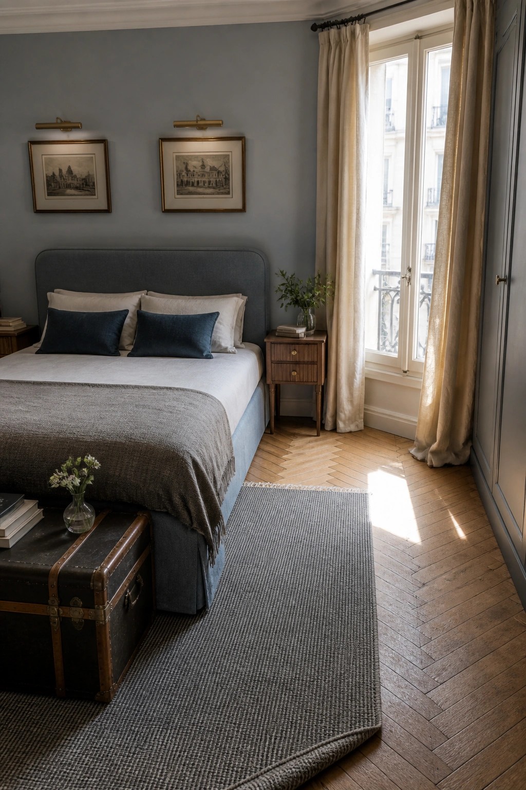 Elegant bedroom with blue bed, gray walls, herringbone floor, and sunlit window.