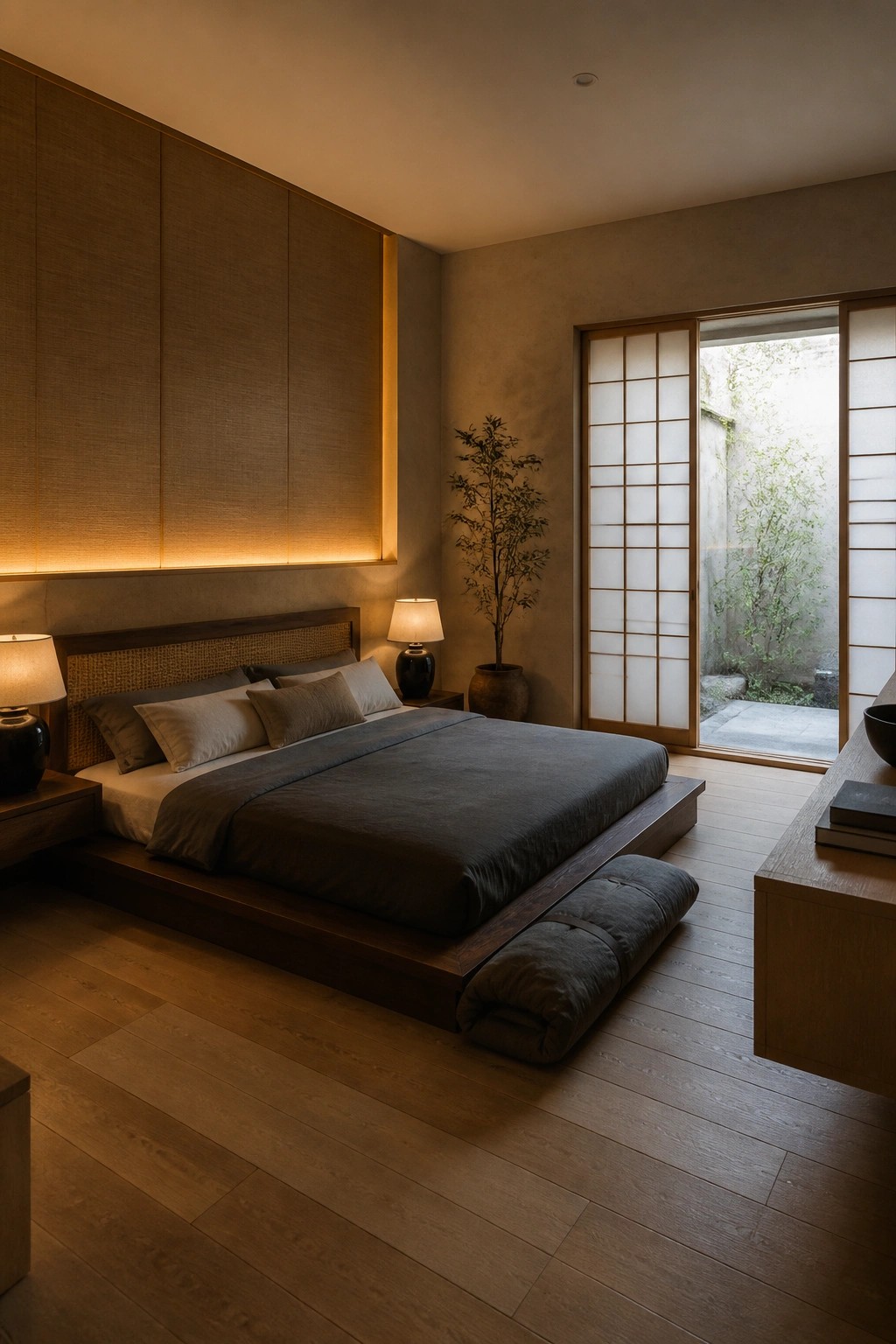 A bedroom featuring a low wooden platform bed with gray bedding, textured wall panels lit from behind with warm light, and a sliding door opening to an outdoor courtyard.