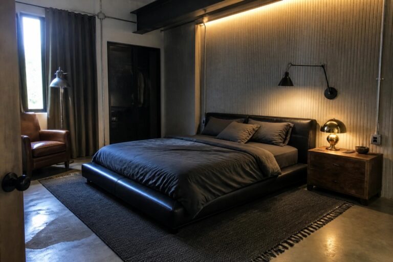 23 Moody Masculine Bedrooms Built Around Layered Ambient Lighting A dark masculine bedroom featuring a large black leather bed, two black wall sconces, and warm backlighting along the top of a vertically slatted accent wall.
