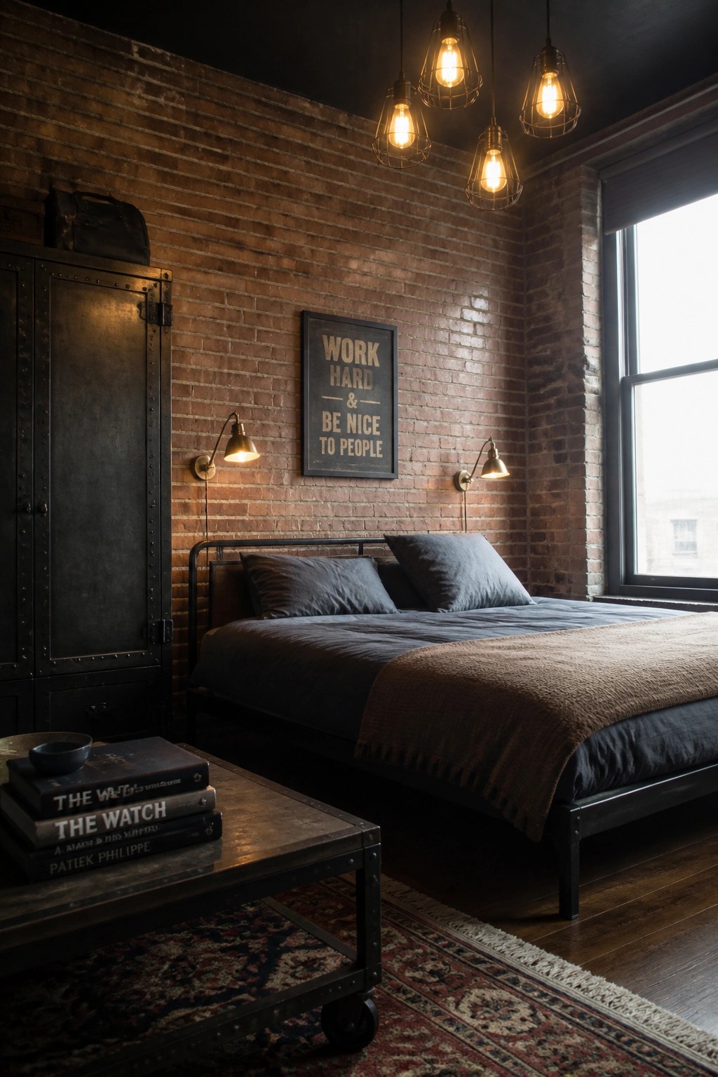Industrial bedroom with brick walls, metal bed, pendant lights, and wall sign
