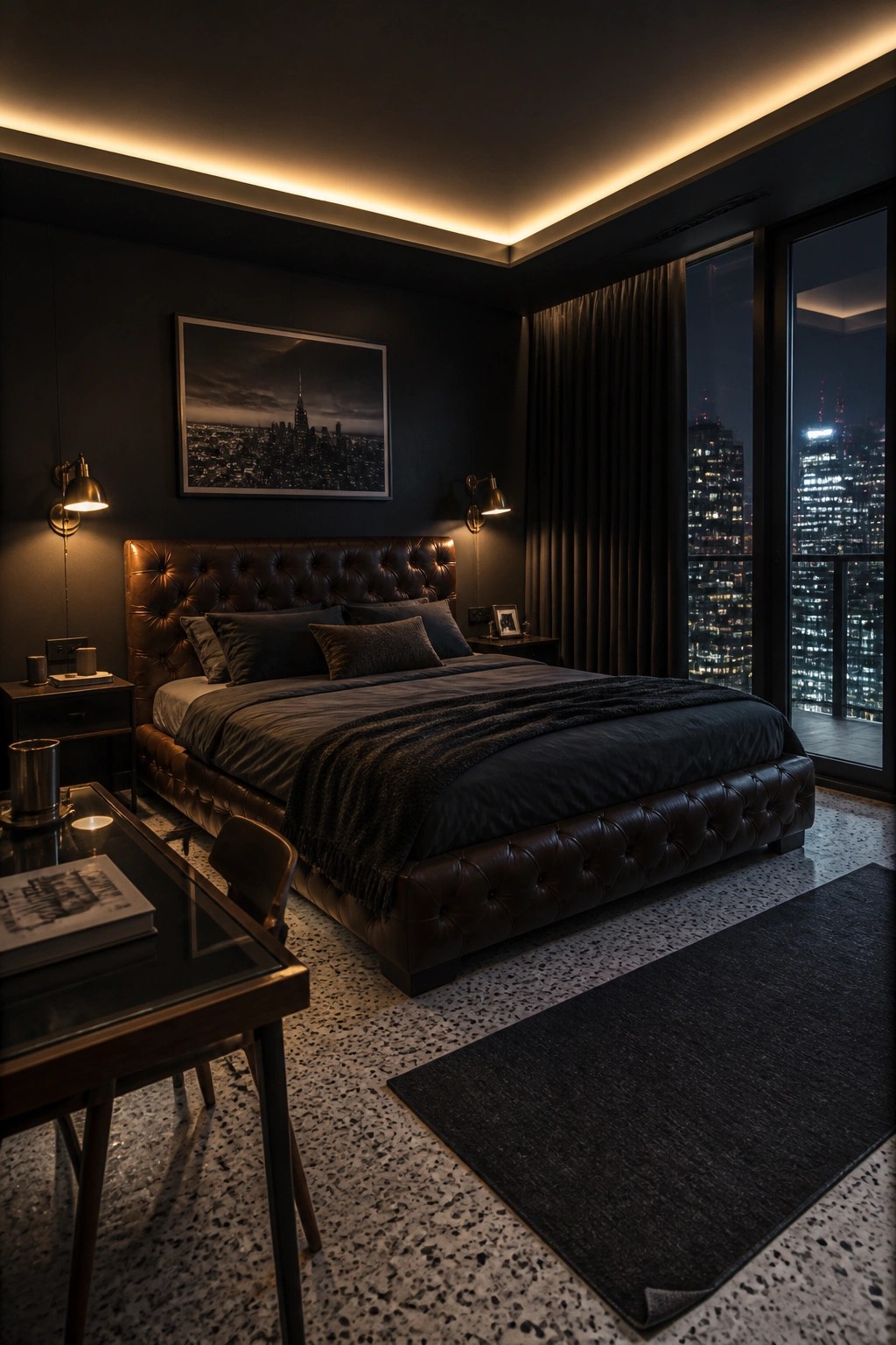 A dark masculine bedroom featuring a large tufted leather bed, cove ceiling lighting, wall sconces, a framed city photograph, and floor-to-ceiling windows showing a nighttime city view.