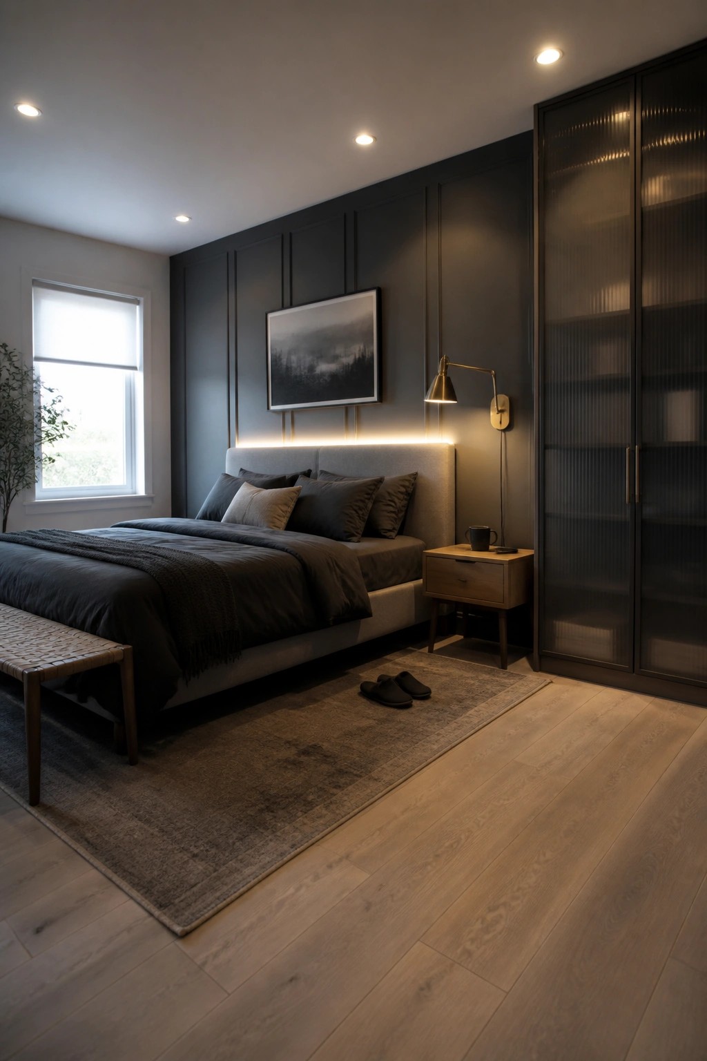 A modern bedroom with dark gray paneled walls, a bed with gray bedding, a wall sconce, recessed ceiling lights, and a light strip behind the headboard.