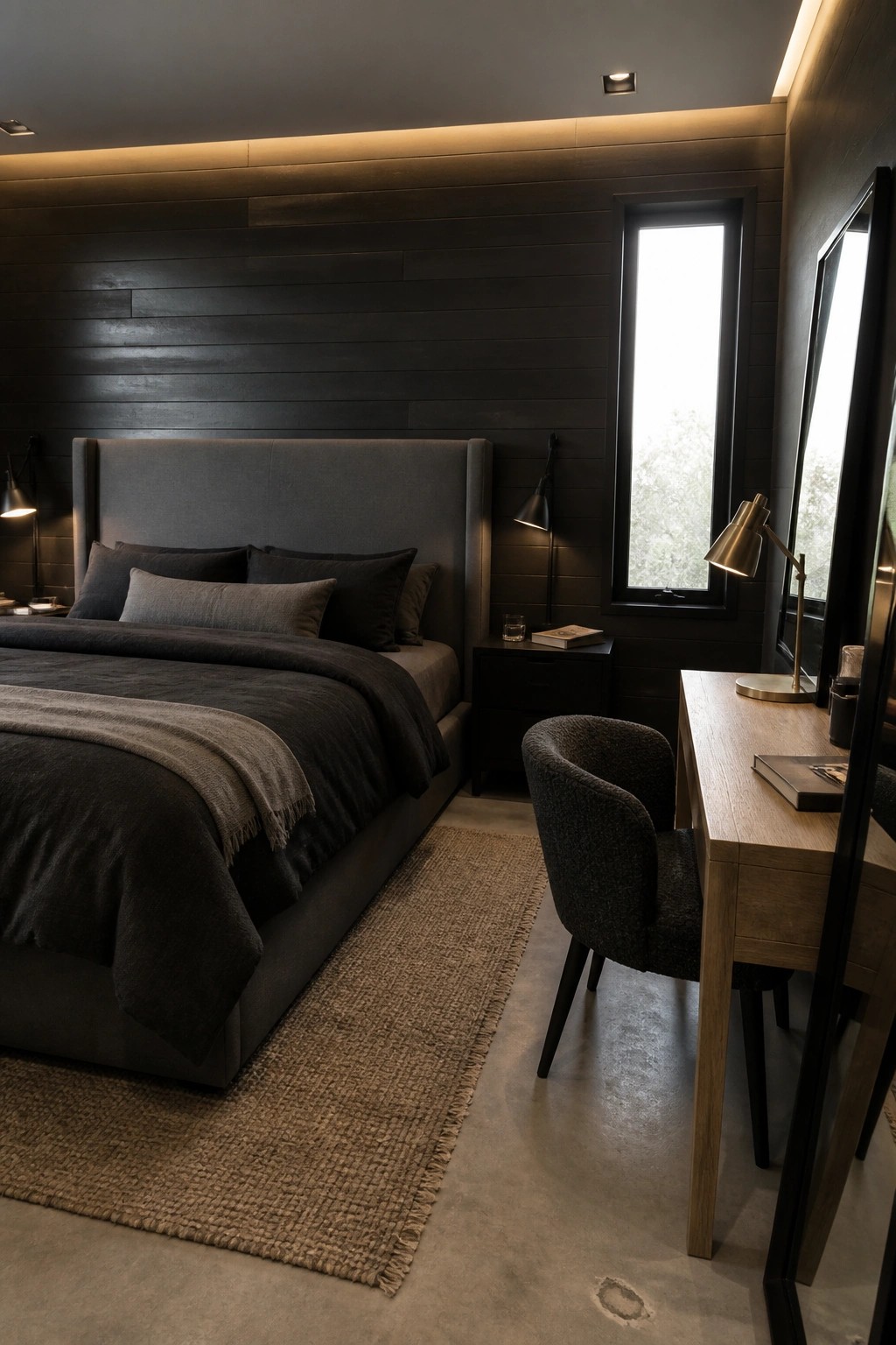 A dimly lit bedroom featuring a large upholstered bed with dark bedding, a wooden desk with chair, wall sconces, a desk lamp, and cove lighting along the top of the dark wood wall.