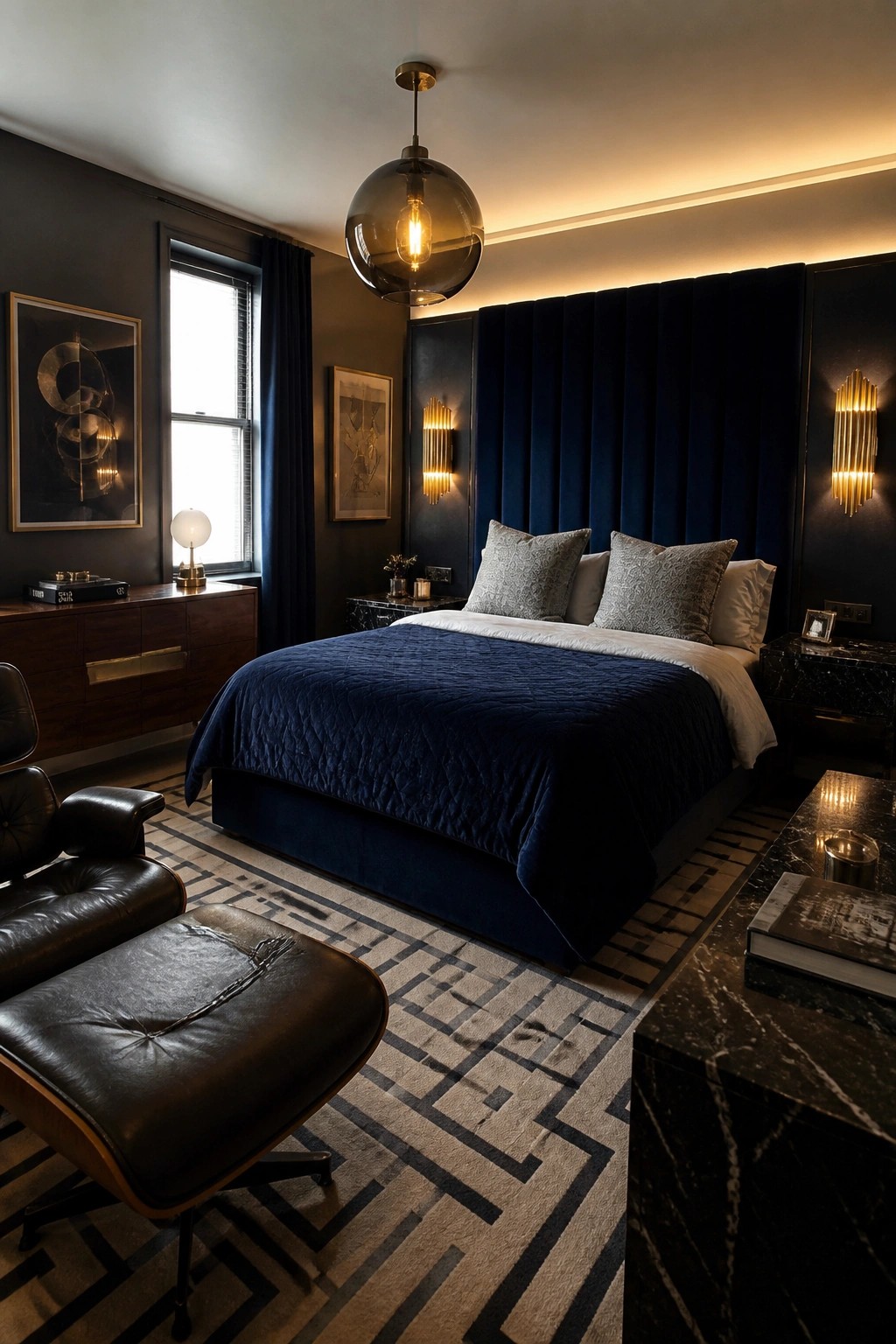 A masculine bedroom with dark navy bedding, a large upholstered headboard, wooden furniture, a leather lounge chair, patterned rug, and multiple warm light sources including a glass pendant and wall sconces.