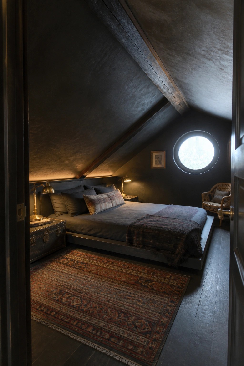 Dark attic bedroom with slanted ceiling, round window, bed, and patterned rug.
