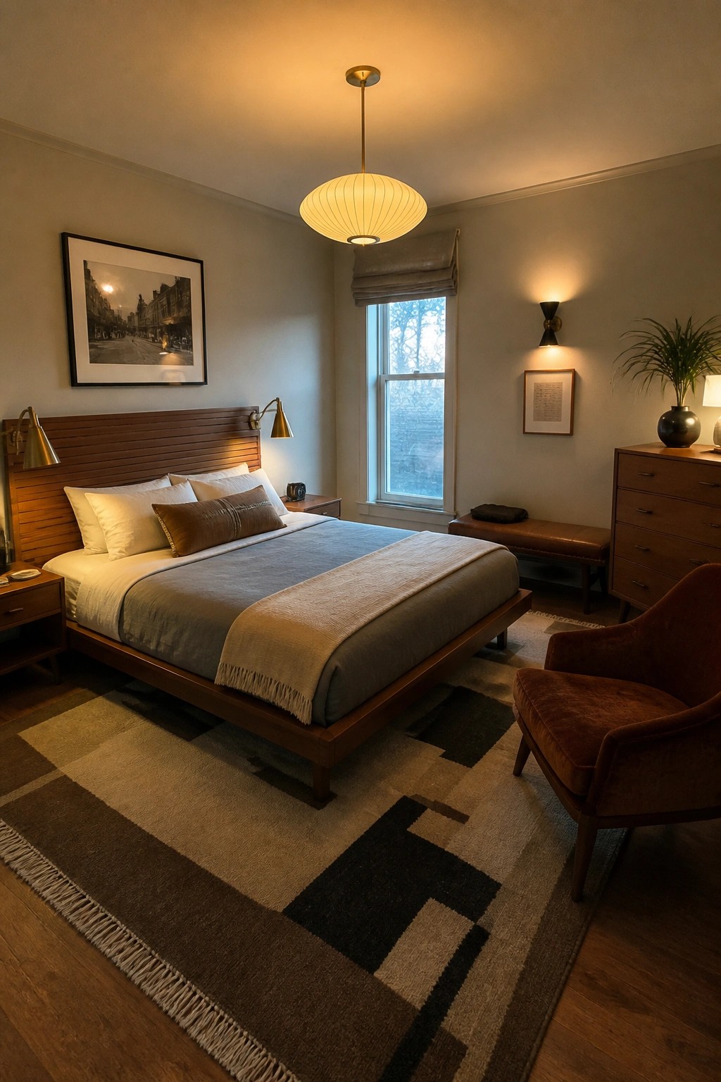 A bedroom with a wooden bed, neutral bedding, a large geometric rug, wall sconces, a hanging pendant light, and a dresser with a plant.