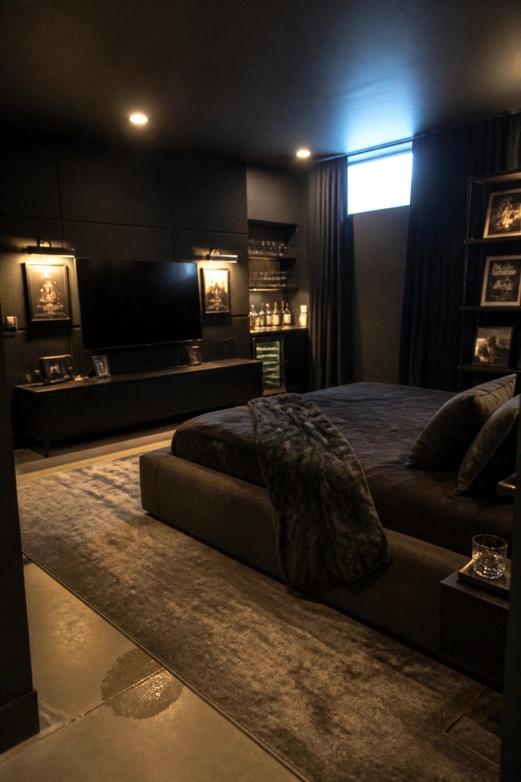 Dark modern bedroom with large bed, wall TV, shelves, and moody lighting.