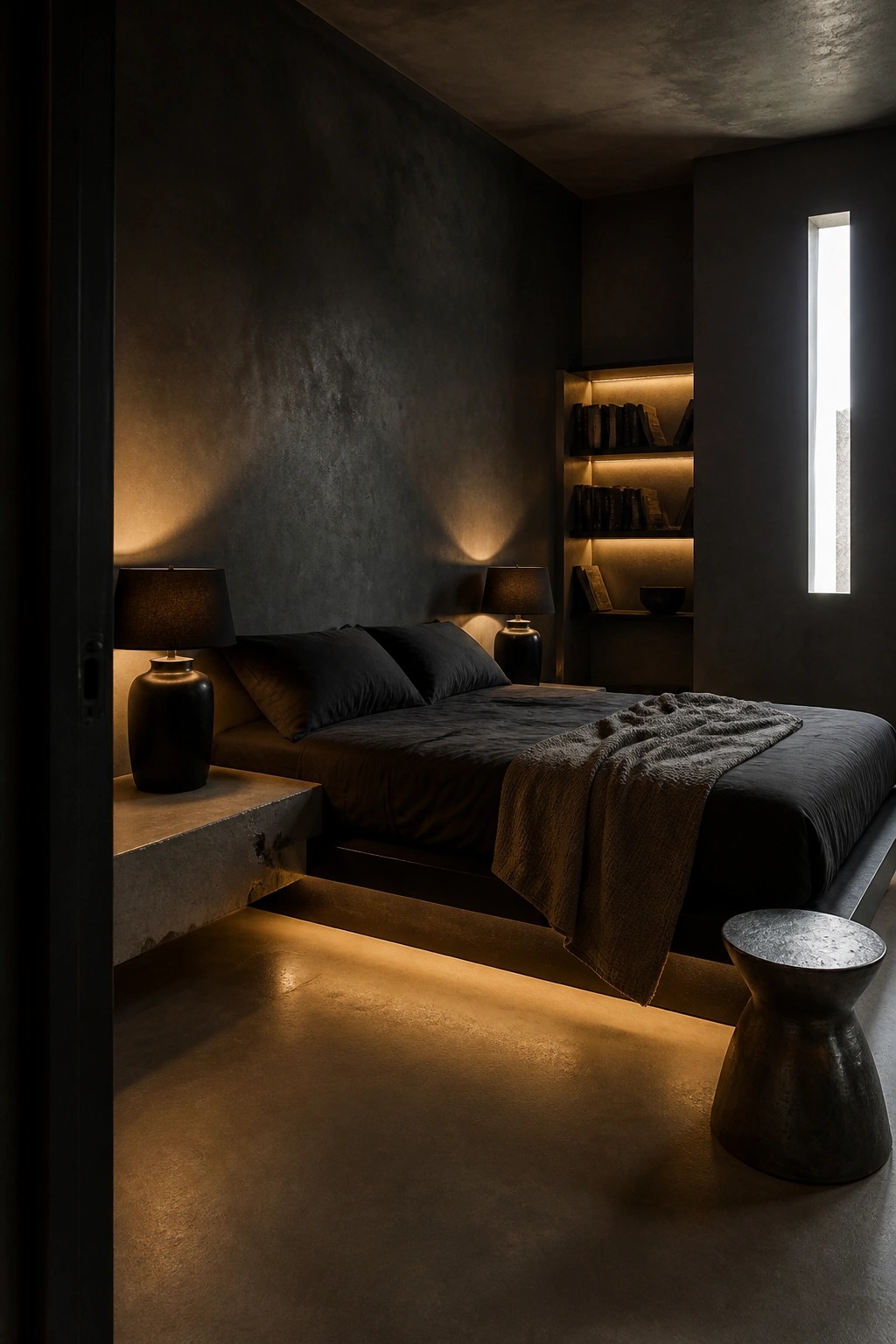A dimly lit modern bedroom featuring a large bed with dark bedding, two black lamps on concrete nightstands, under-bed lighting, and illuminated built-in bookshelves on a dark textured wall.