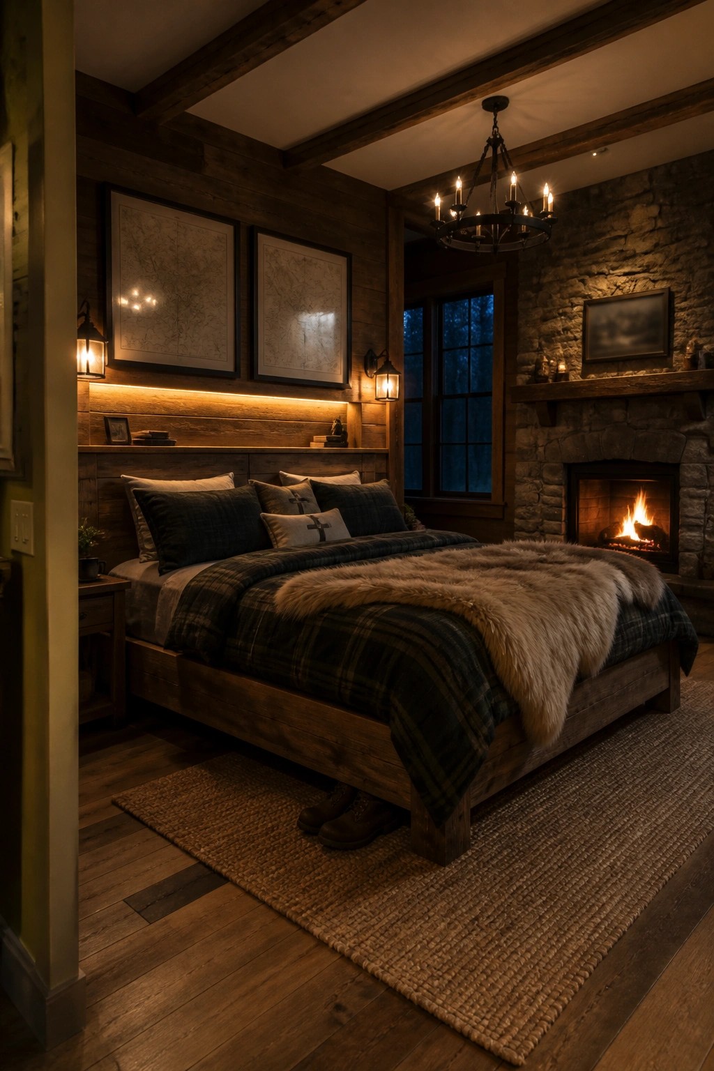 A masculine bedroom with a wooden bed dressed in plaid bedding, a stone fireplace, framed maps above the headboard, and multiple ambient light sources including wall sconces and under-shelf lighting.