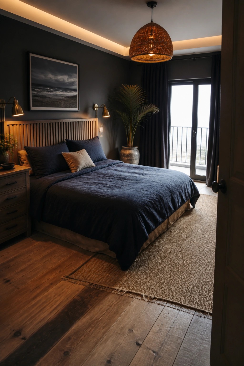 Dark navy bedroom with large bed, woven pendant lamp, potted plant, and balcony doors