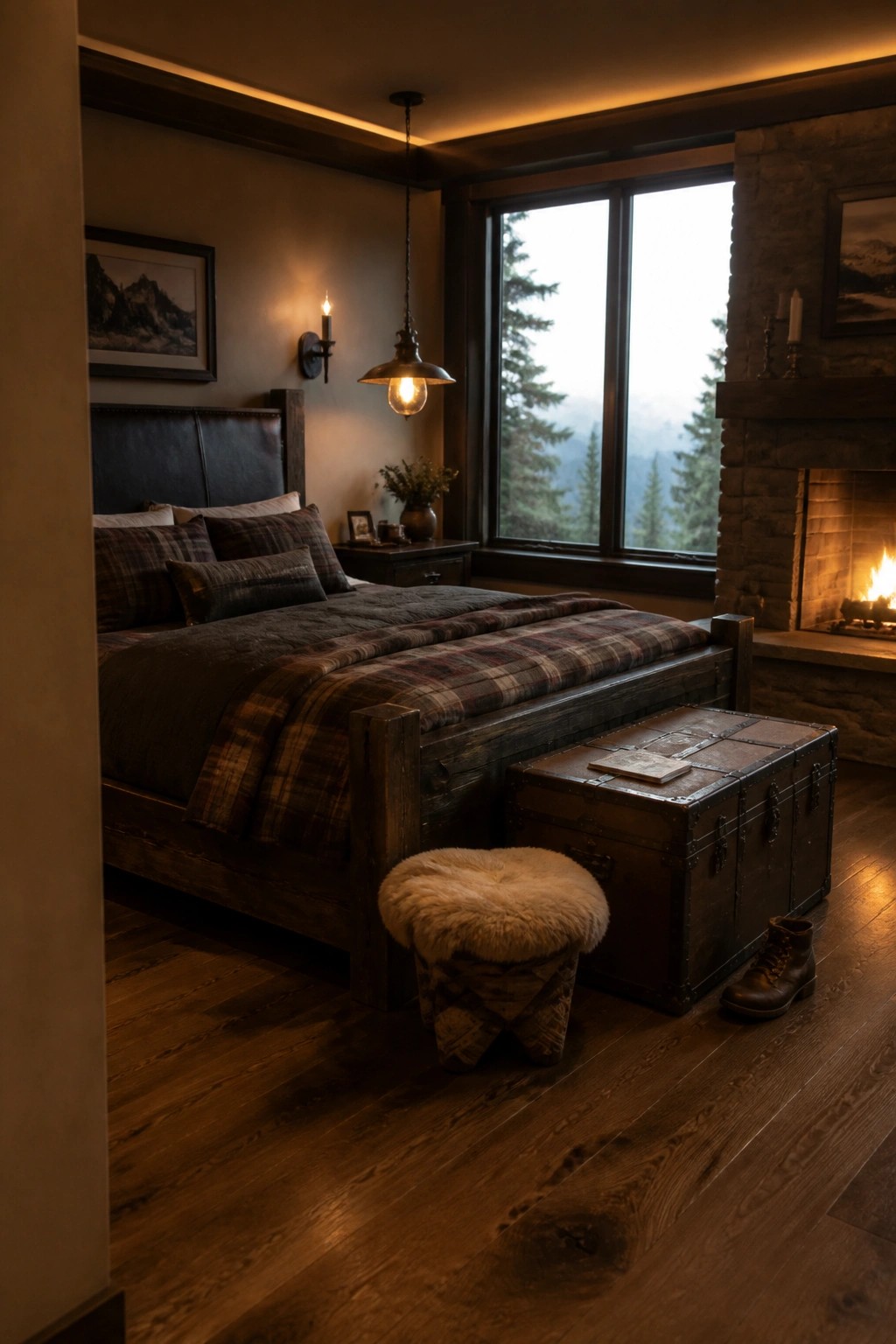 A dark wood bedroom with a plaid bed, stone fireplace, large windows, and layered lighting from a pendant lamp and wall sconce.