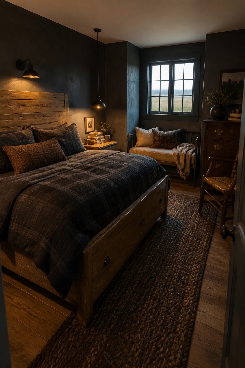 A bedroom with a large wooden bed, dark plaid bedding, dark textured walls, a window seat under a multi-paned window, and multiple pendant and wall lights creating warm ambient glow.