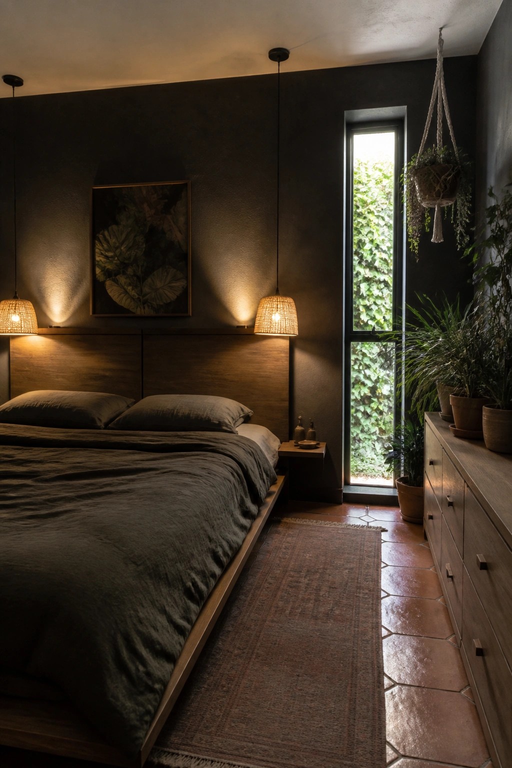 Dark bedroom with wooden bed, woven pendant lamps, botanical art, plants, and terracotta floor