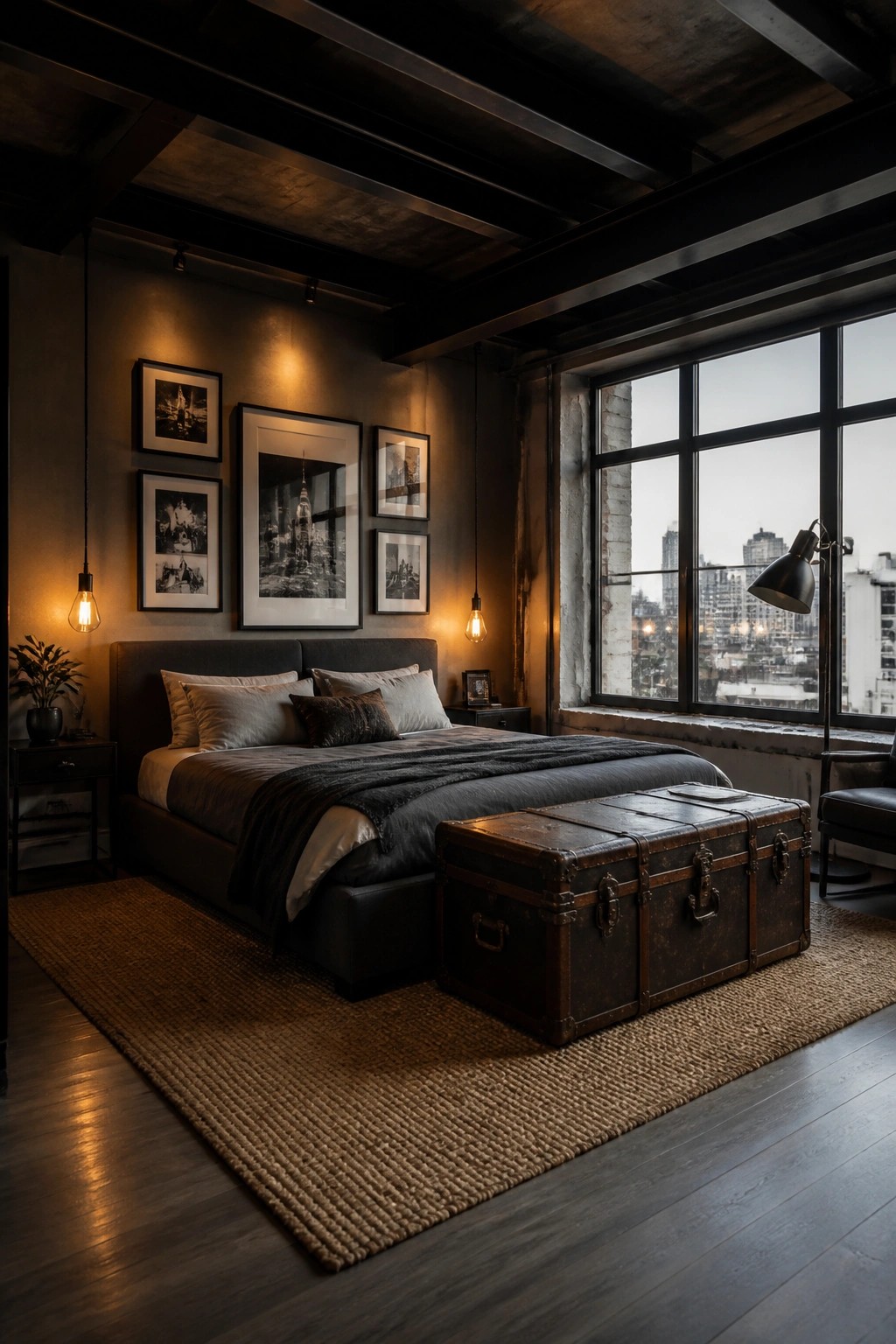 Dark industrial bedroom with bed, vintage trunk, framed photos, and city window view