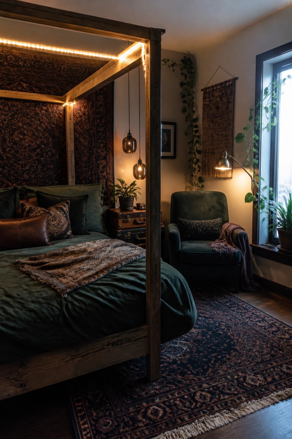 Cozy dark bedroom with wooden canopy bed, green velvet bedding, and patterned rug