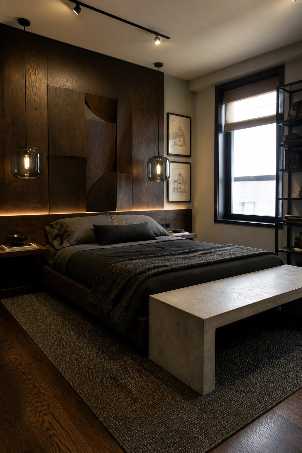 A bedroom with a dark wood bed against a geometric wood accent wall, two glass pendant lights, and a concrete bench at the foot of the bed on a large woven rug.