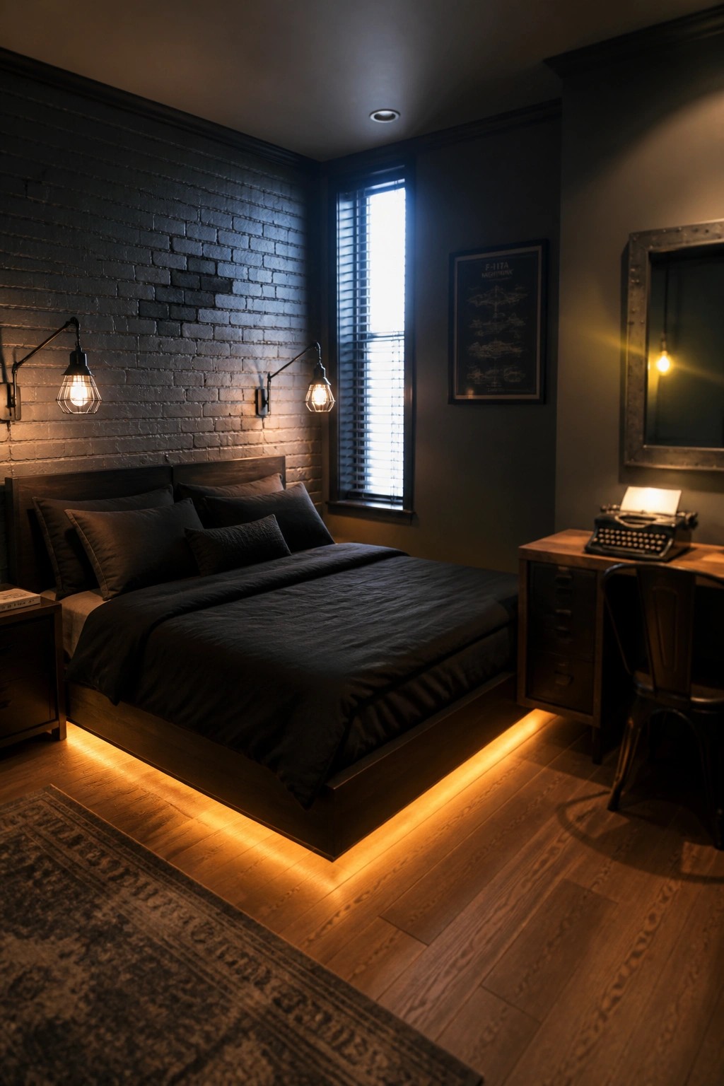 Dark bedroom with brick wall, black bed, under-bed lights, typewriter desk.
