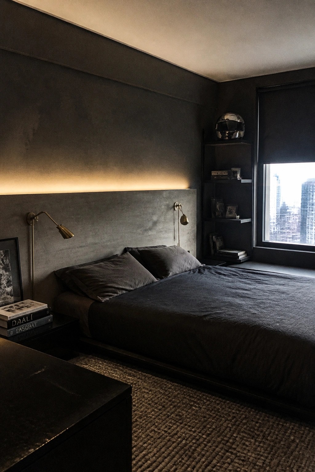 A dark masculine bedroom with a bed against a concrete-textured wall, a glowing horizontal light strip above the headboard, two wall sconces, and a large window on the right.