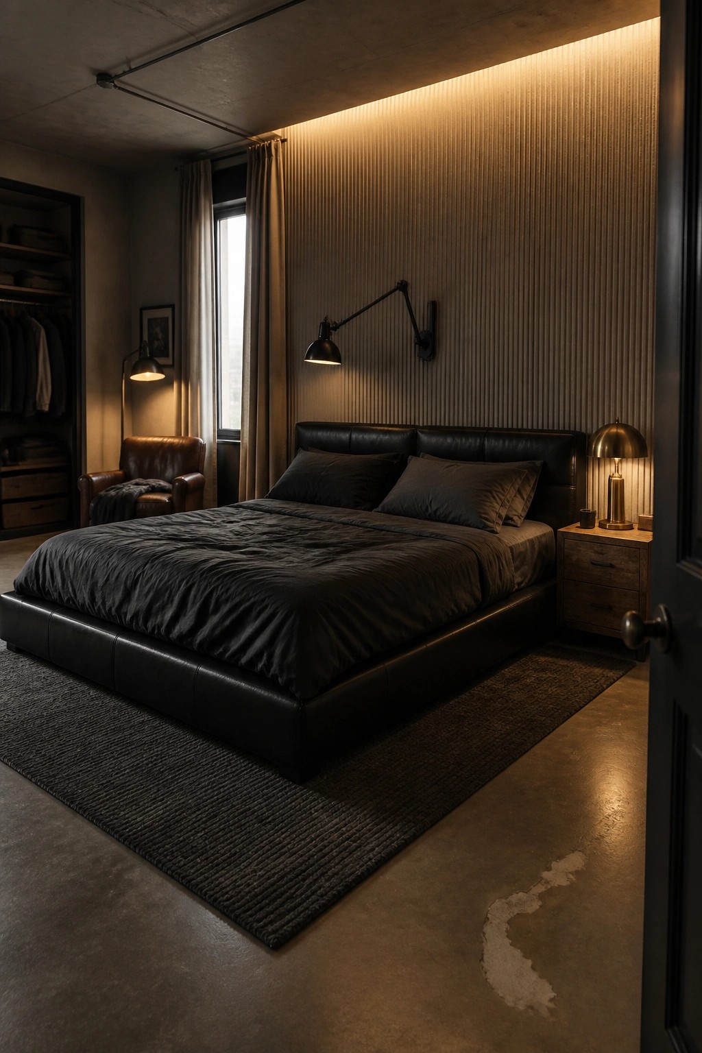 A dark masculine bedroom featuring a large black leather bed, two black wall sconces, and warm backlighting along the top of a vertically slatted accent wall.