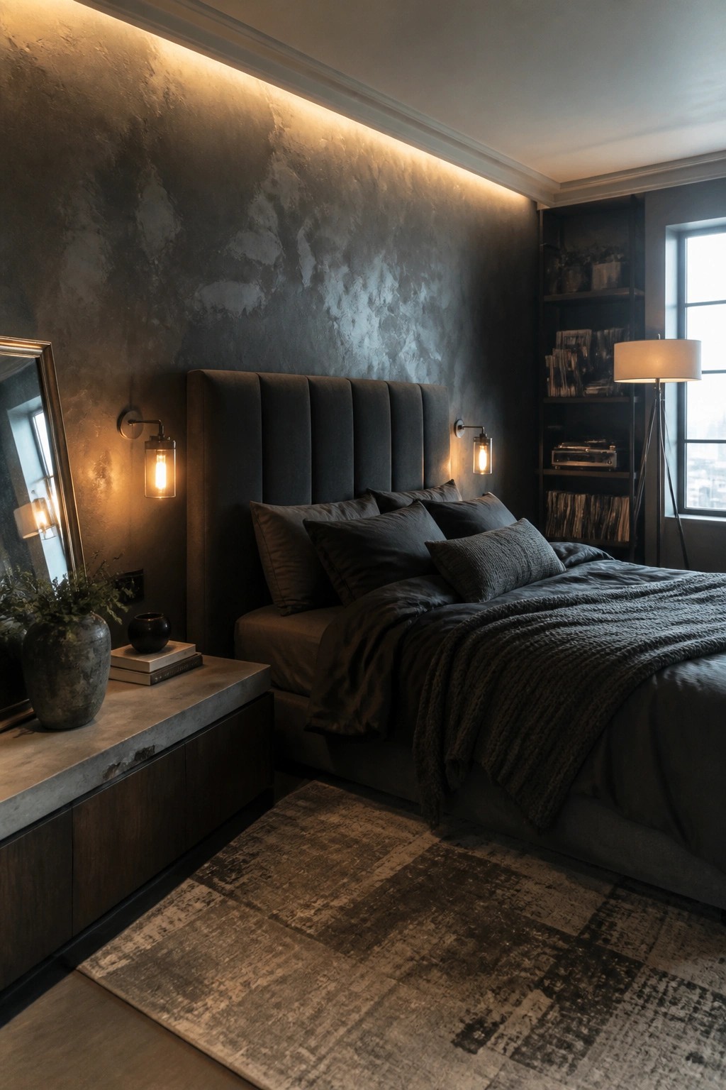 Dark bedroom with tufted headboard, backlit textured wall, concrete nightstand, and patterned rug.