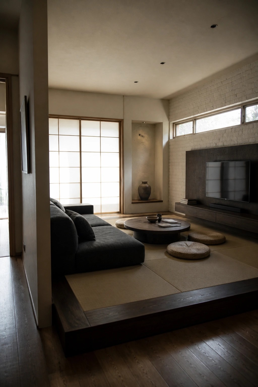A living room featuring a dark sectional sofa and low round table placed on a raised wooden platform with tatami mats, woven cushions on the floor, shoji screens on one wall, and a television on a dark wood console against a white brick wall.