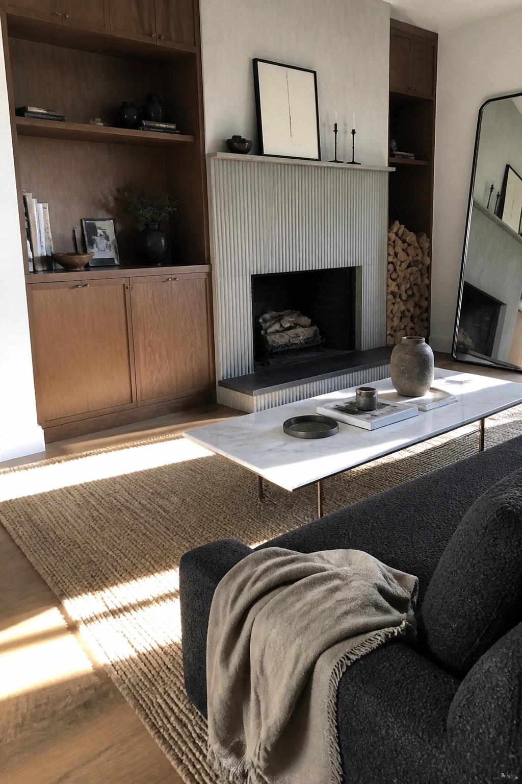 Modern living room with fluted fireplace, marble coffee table, and dark sofa on rug.