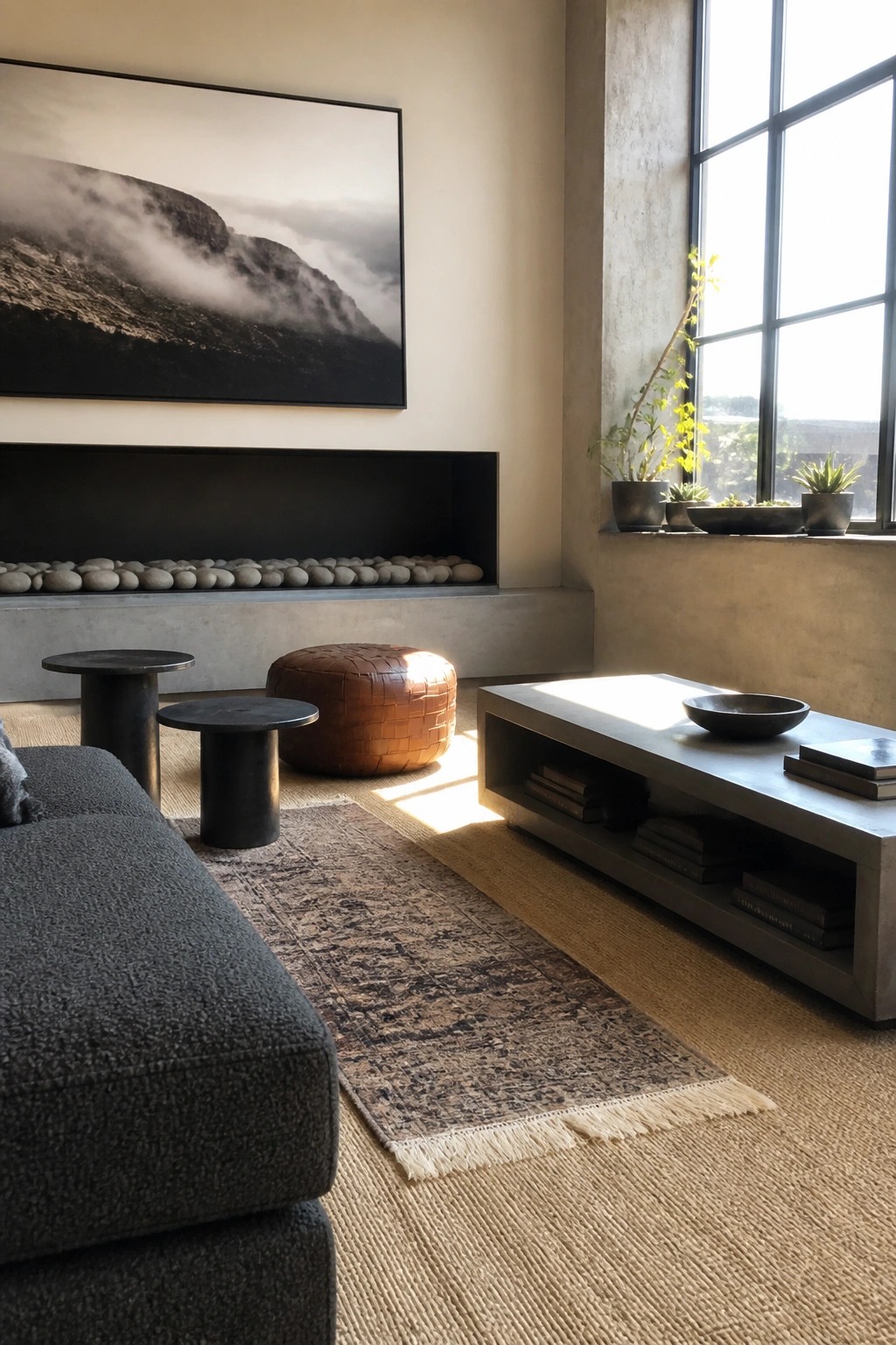 A living room with a dark low-profile sectional sofa, two short black side tables, a brown leather pouf, and a long concrete coffee table arranged on layered rugs in front of a recessed fireplace with a large landscape photograph above it.