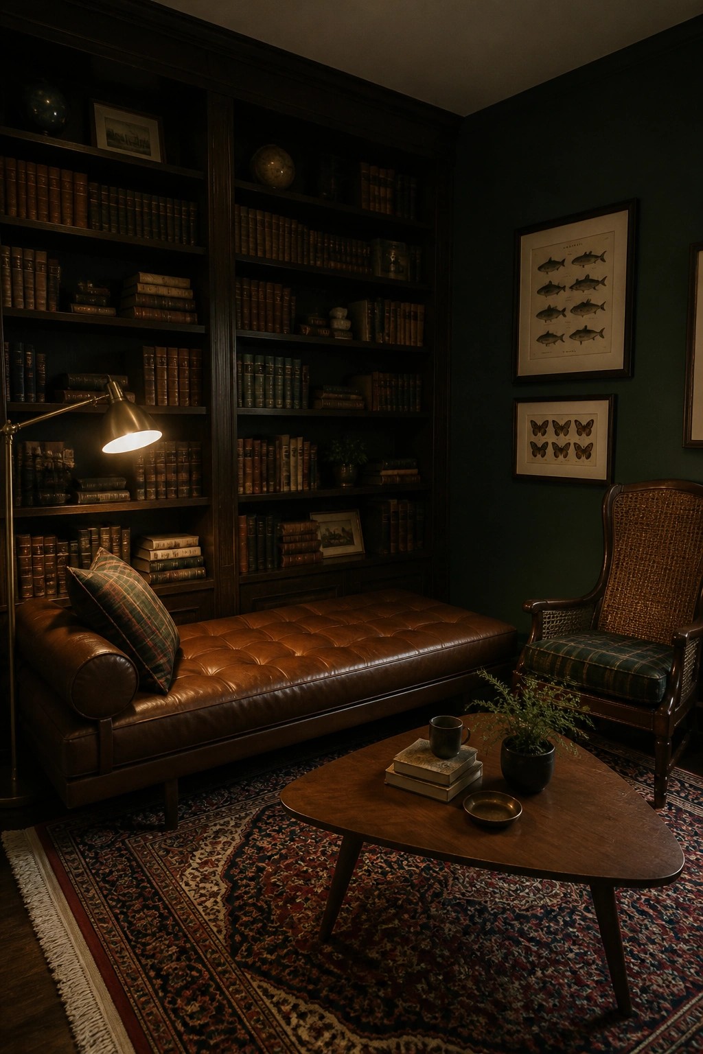A dark green room with floor-to-ceiling bookshelves, a brown leather daybed with a plaid pillow, a wooden coffee table on a patterned rug, a woven armchair, and framed fish and butterfly prints on the wall.