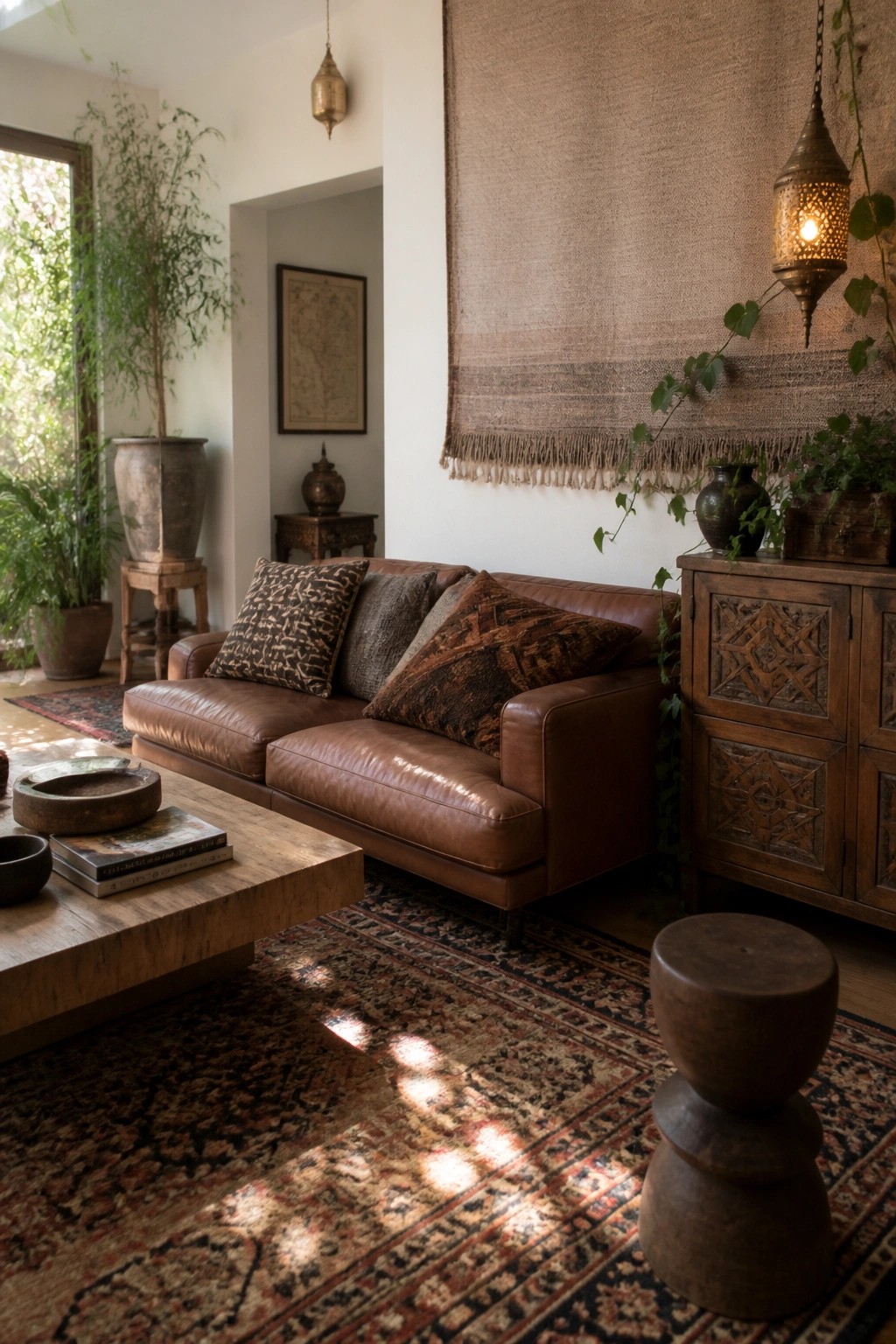 A brown leather sofa with patterned pillows sits low on a colorful rug beside a wooden coffee table and a carved wooden cabinet.