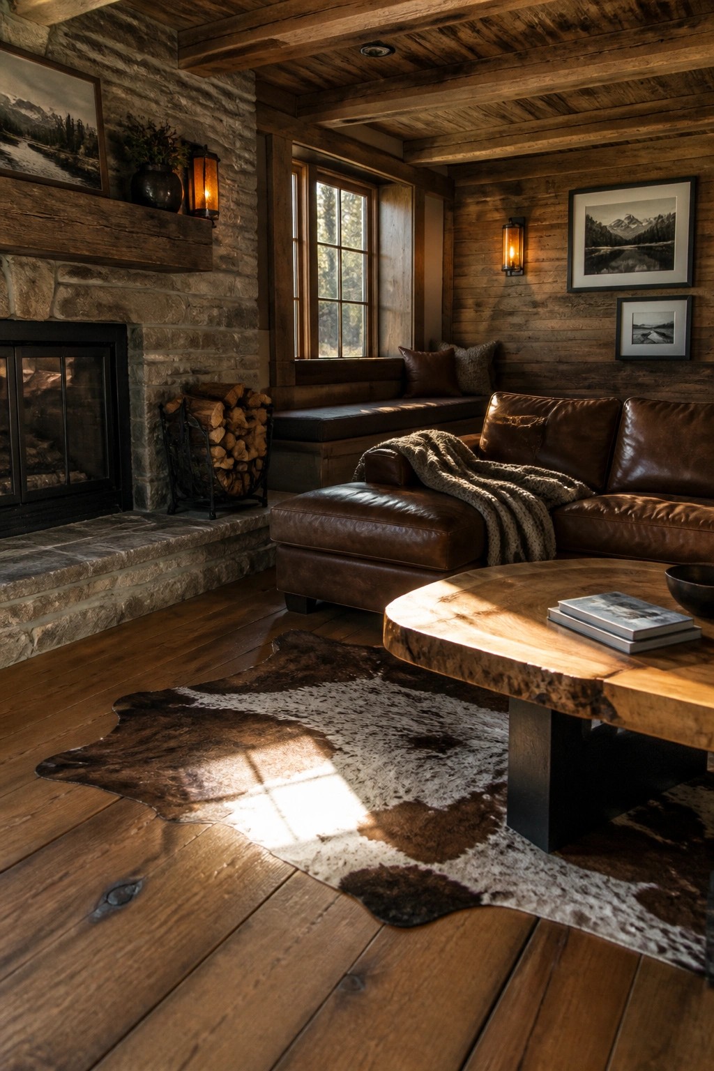 A rustic living room featuring a low brown leather sectional sofa, stone fireplace with stacked firewood, wooden coffee table, and cowhide rug on hardwood floors.