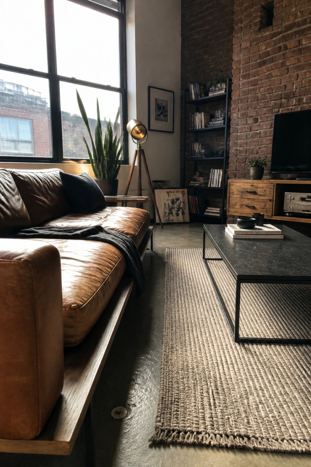 A living room featuring a low brown leather sofa, black coffee table on a woven rug, large windows, and a brick wall.