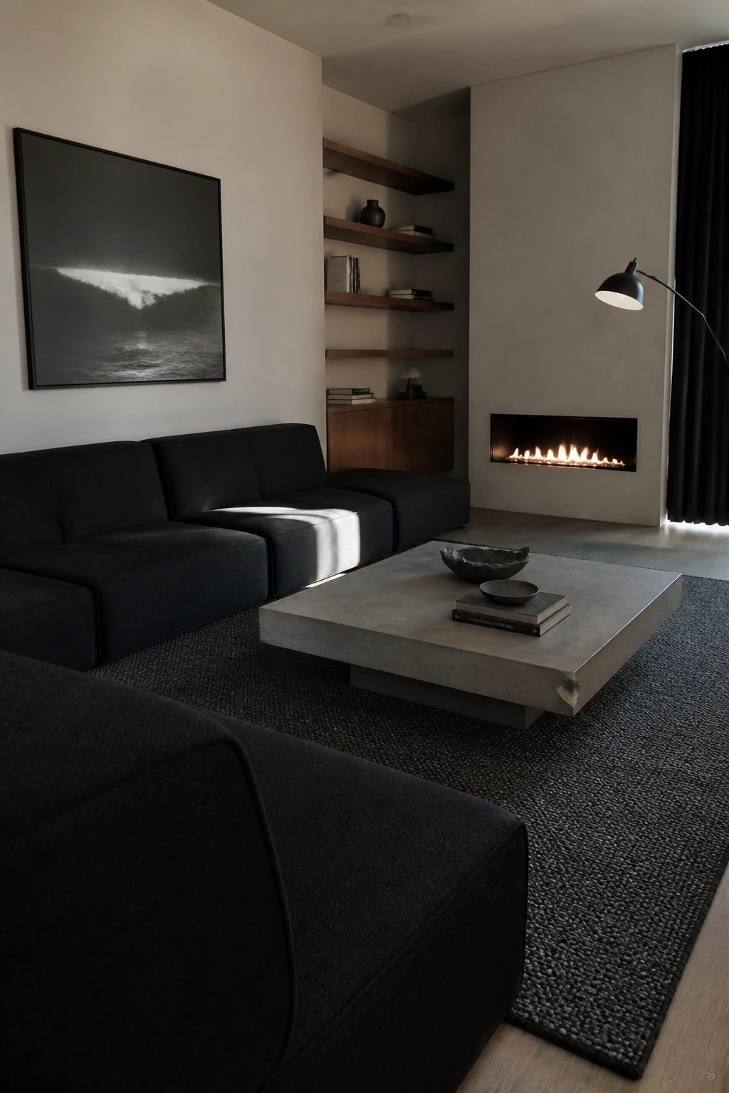 A living room featuring a dark low-profile modular sectional sofa, a rectangular concrete coffee table on a textured dark rug, built-in wooden shelves with books, and a linear fireplace in a minimalist interior.