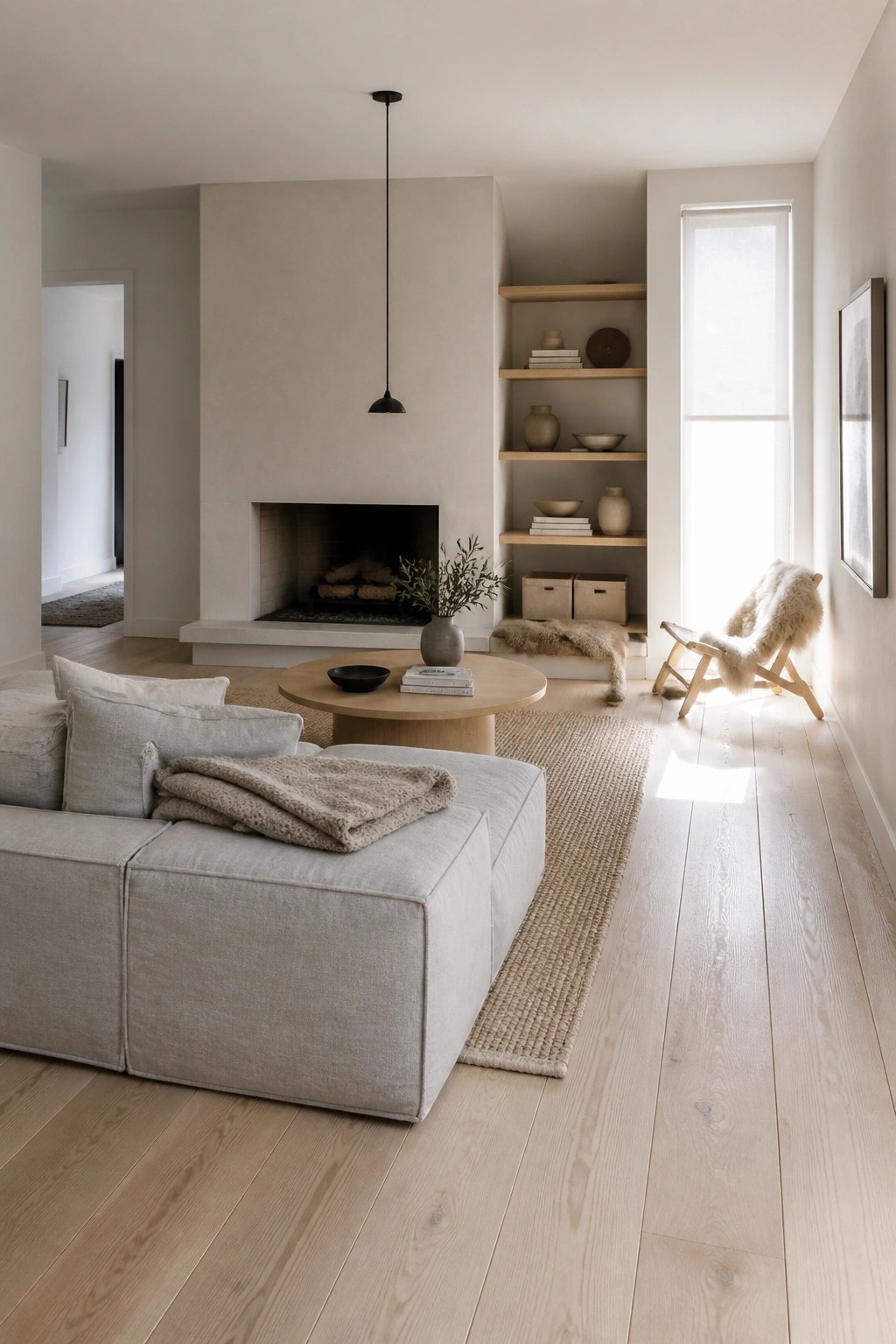 Minimalist living room with gray sectional sofa, round wood table, and fireplace.