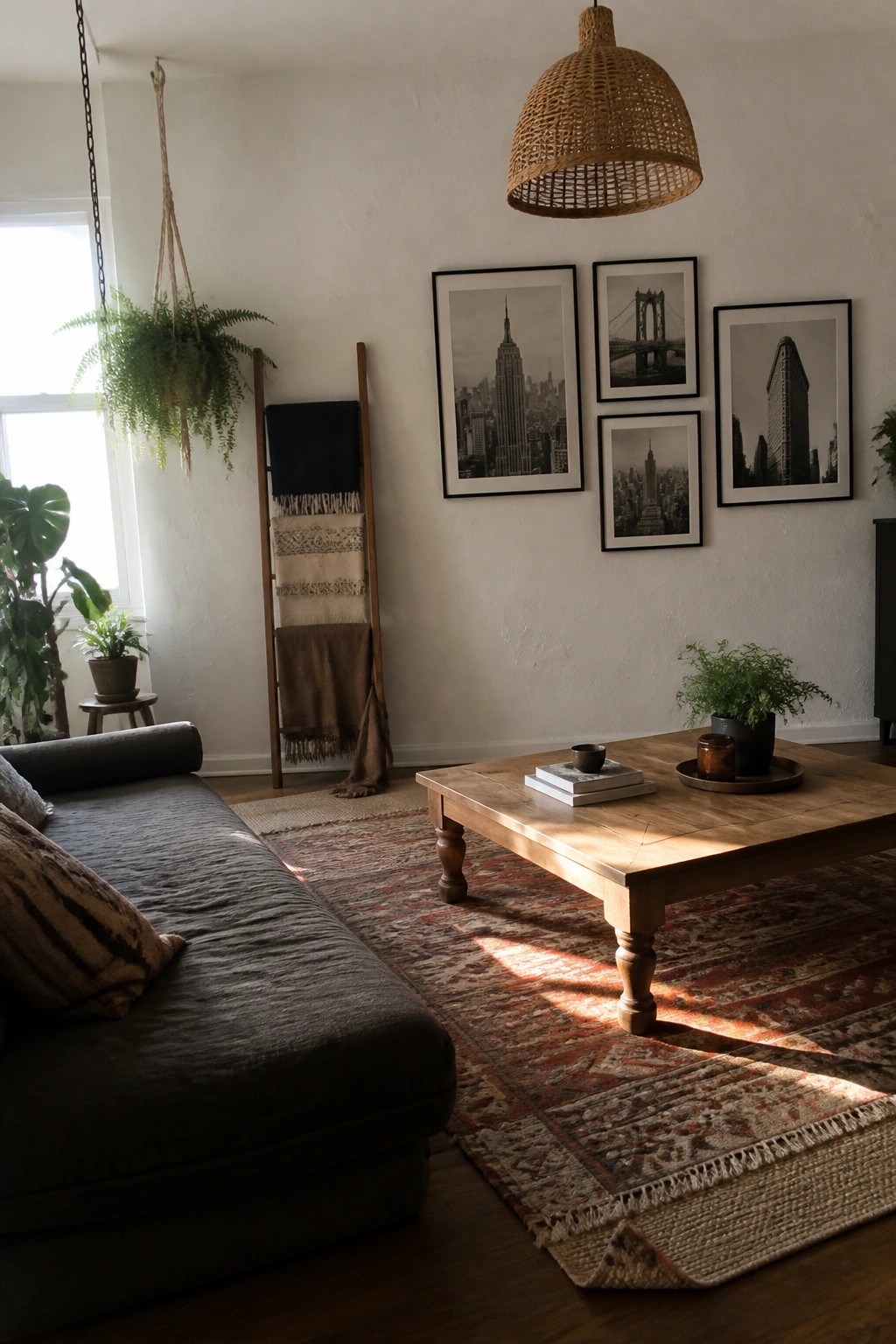 A living room featuring a low-profile gray sofa, a wooden coffee table on a red patterned rug, a hanging plant, and black and white city photos on a white wall.