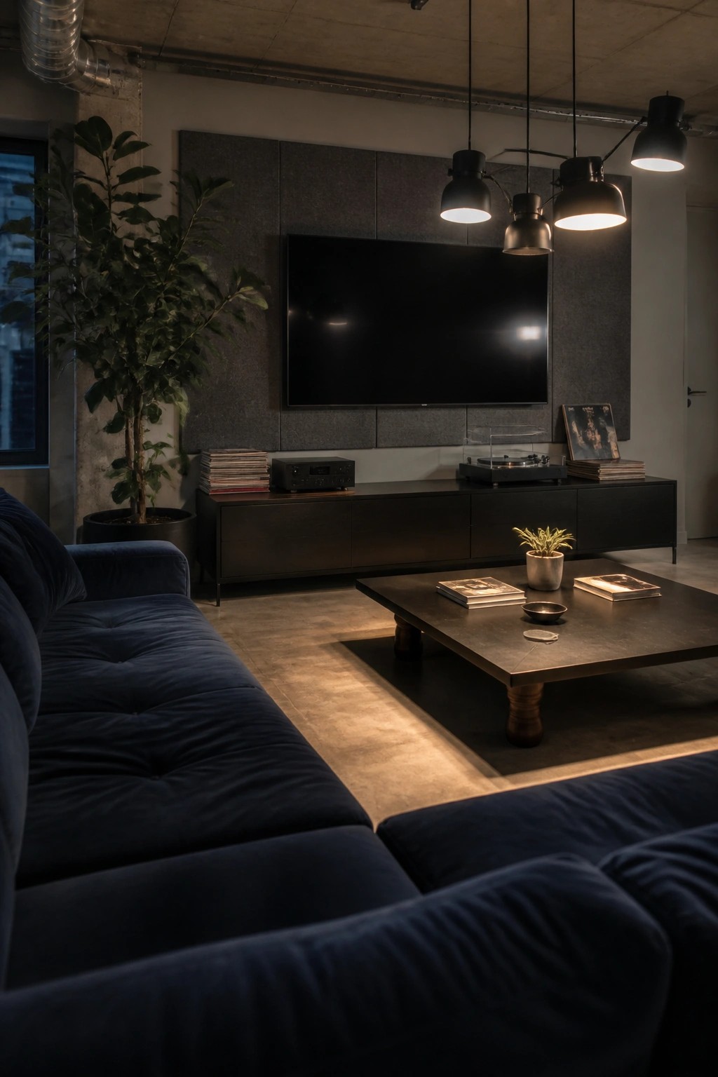 A living room featuring dark blue low-profile velvet sofas, a long dark media console with a television above it, and several black pendant lights.