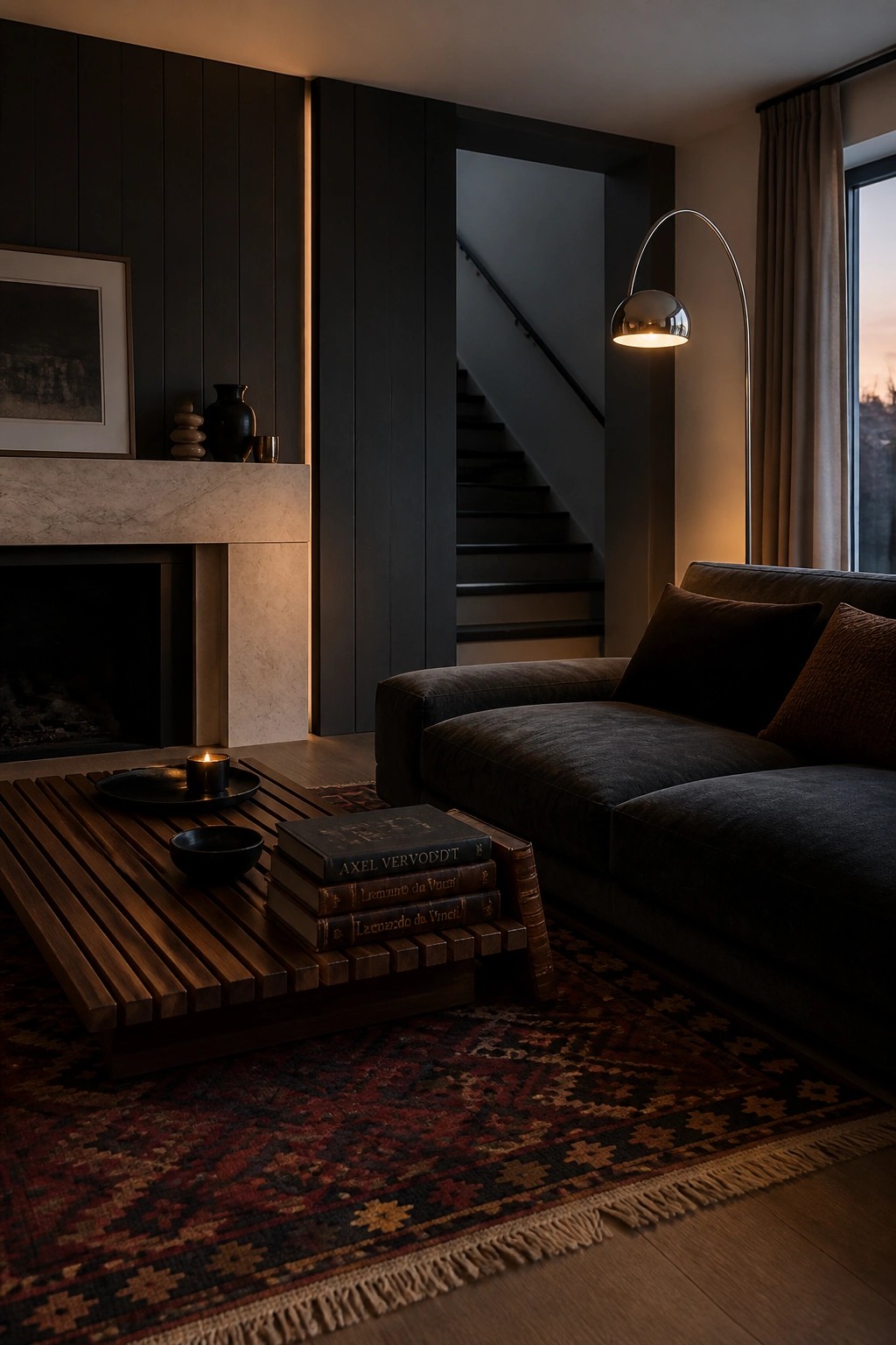 A dimly lit living room with a dark low-profile sofa, wooden slat coffee table holding stacked books and a lit candle, dark paneled walls, and a marble fireplace.