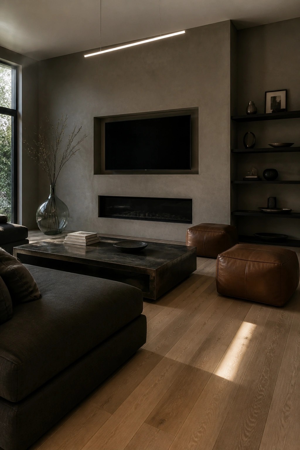 A living room with a low dark gray sectional sofa, dark rectangular coffee table, two brown leather ottomans, a wall-mounted TV above a linear fireplace, floating shelves with decor, a large glass vase with branches, and light wood flooring.