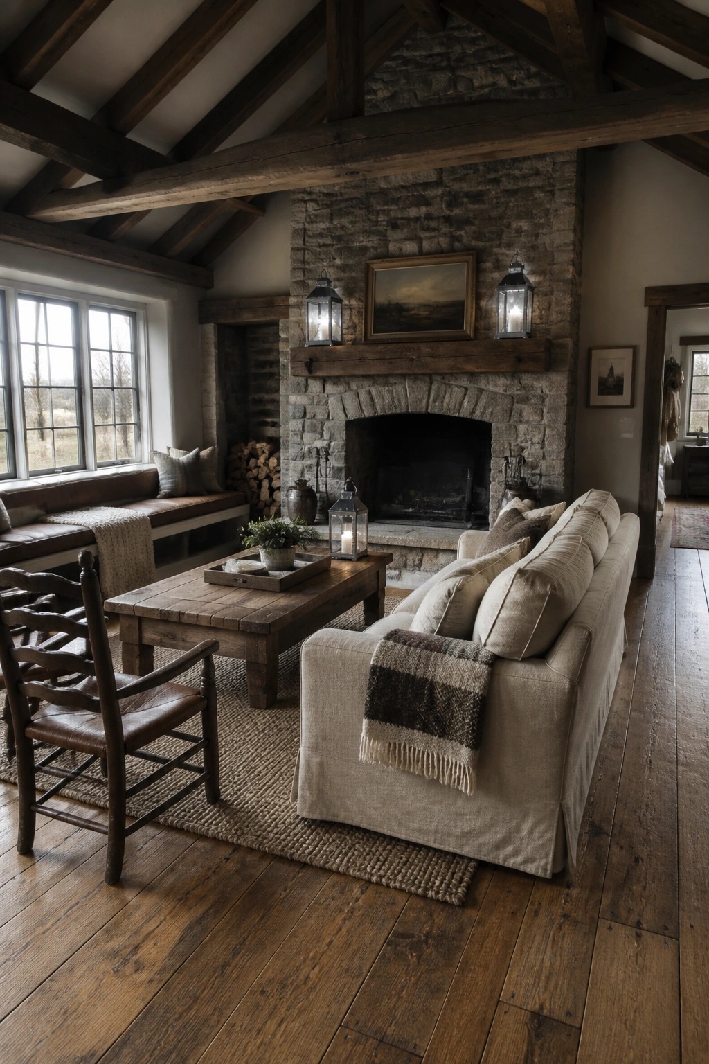 A rustic living room featuring a low-profile beige sofa facing a large stone fireplace with wooden beams overhead and a wooden coffee table in the foreground.