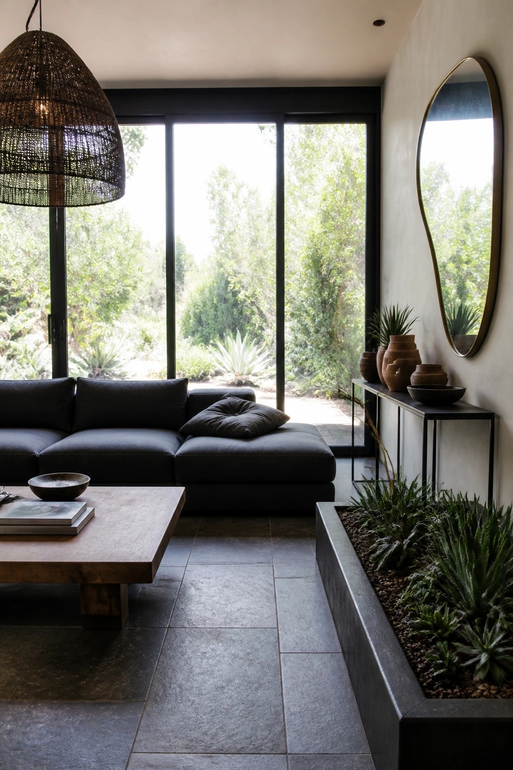 Modern living room interior with a low black sectional sofa, wooden coffee table, large windows, and a dark console table along the wall.