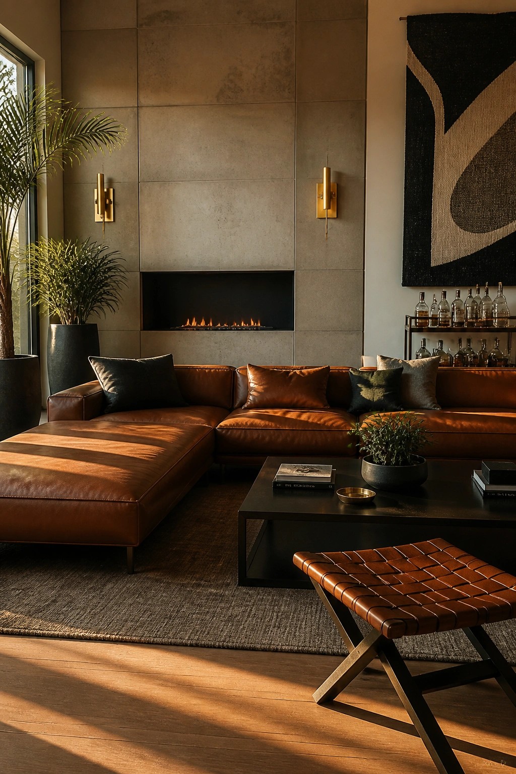 A spacious living room with a large brown leather sectional sofa, black coffee table, concrete fireplace wall, and woven leather stool on a rug.