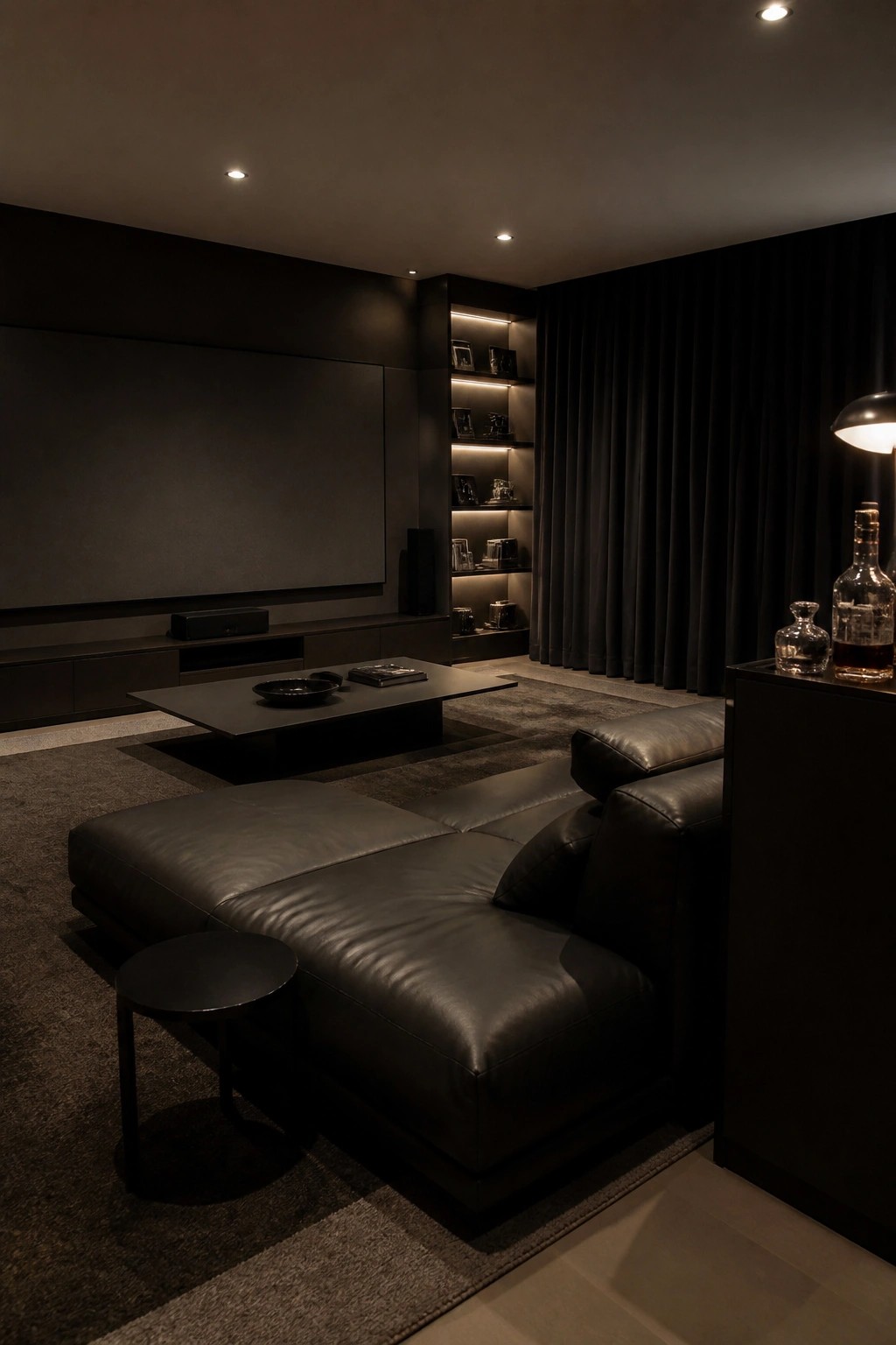 A dimly lit modern living room with a large low-profile dark leather sectional sofa, a low coffee table, built-in backlit shelves, and a large wall screen.