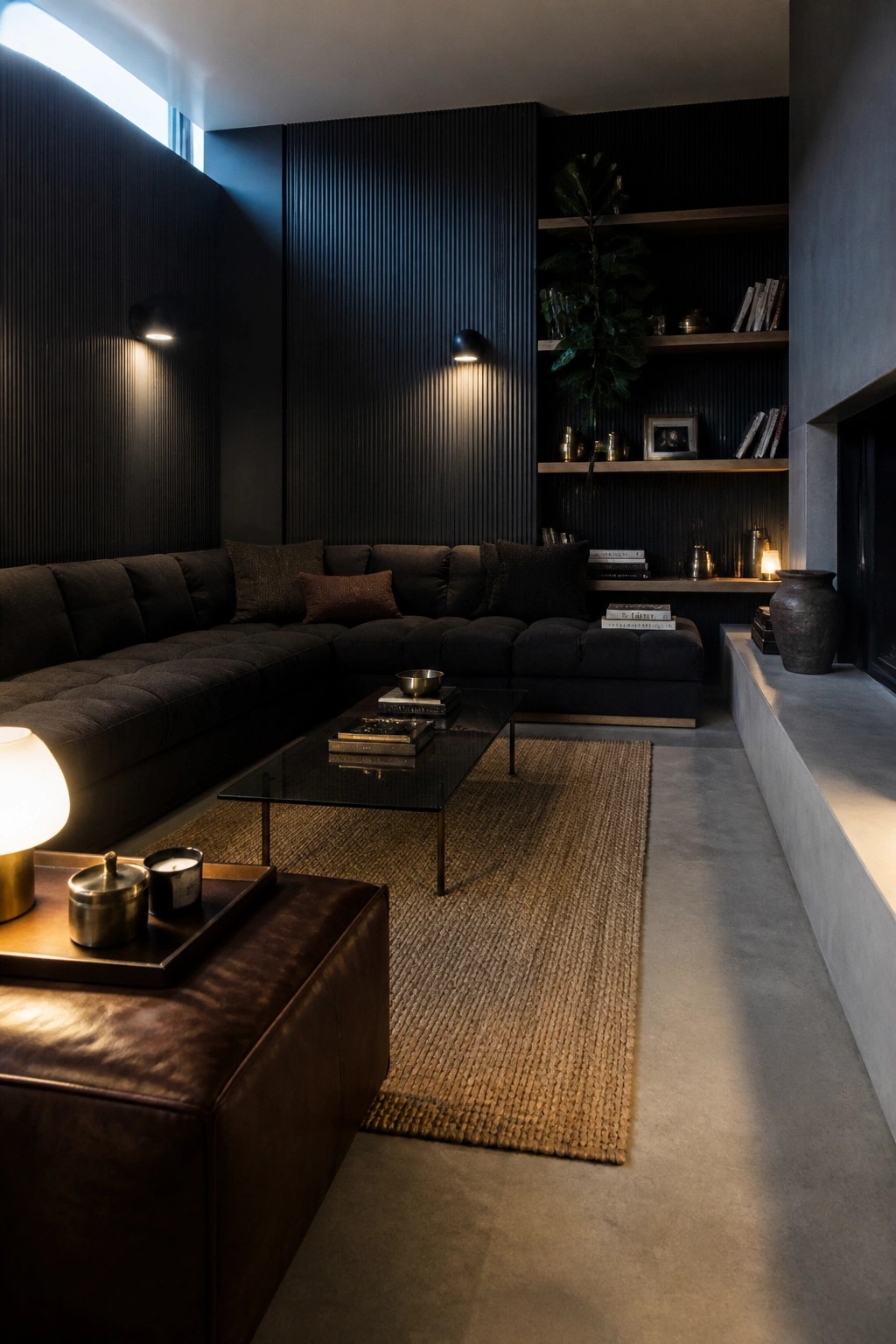 A dark masculine living room featuring a large low-profile sectional sofa, a glass coffee table on a woven rug, built-in shelves with books and plants, and wall sconces.