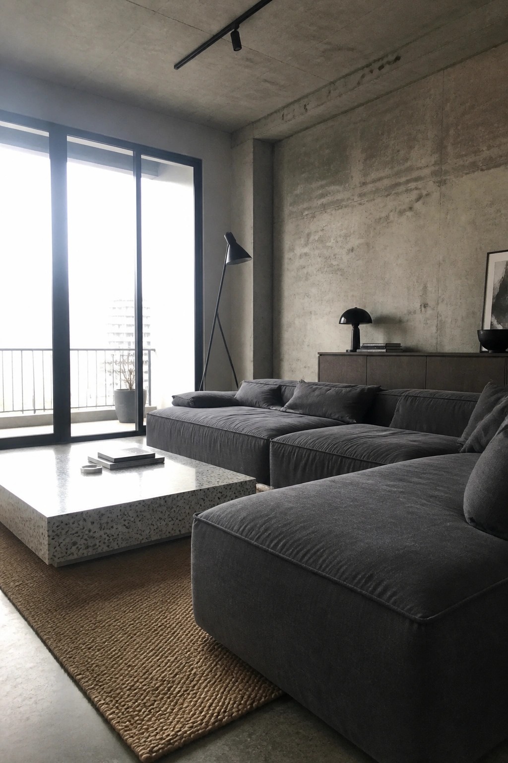 Modern living room with gray sectional sofa, terrazzo coffee table, concrete walls and woven rug.