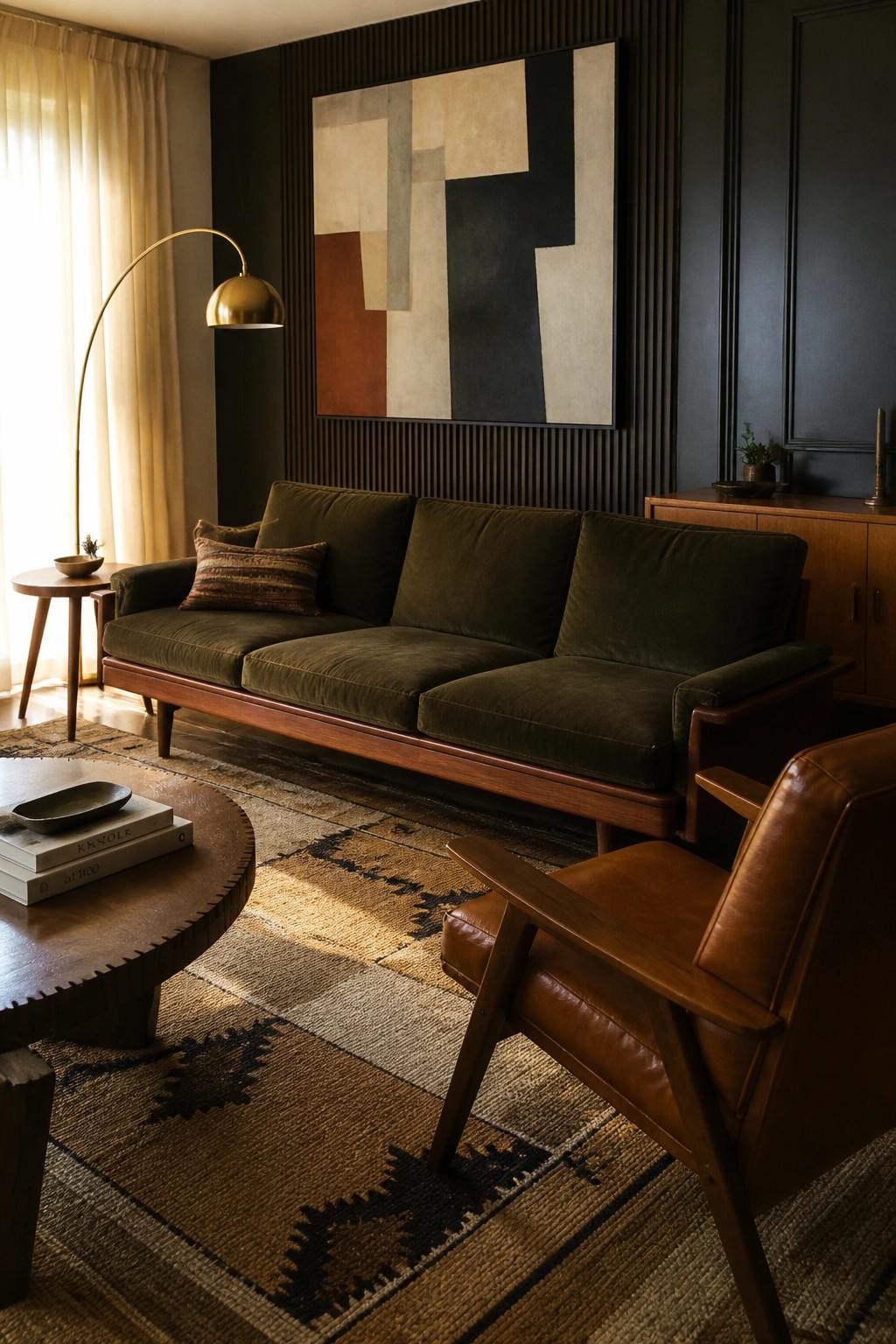 A living room featuring a low green velvet sofa with a wooden frame, a brown leather armchair, a round wooden coffee table, and abstract art on a dark paneled wall.