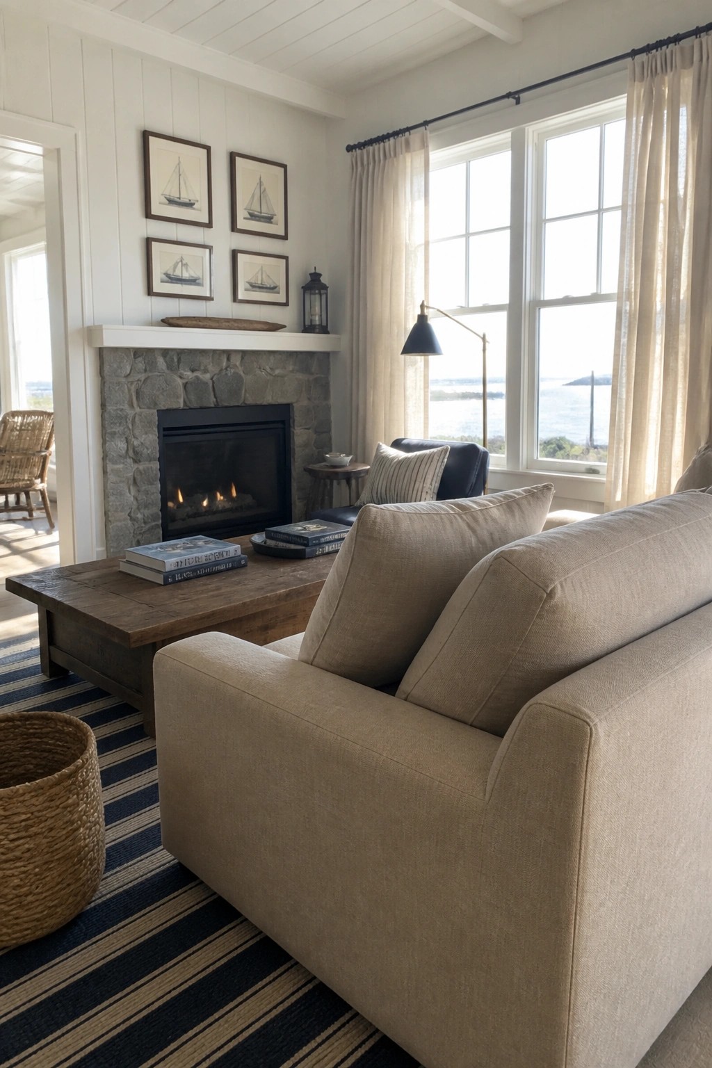 Cozy living room with beige sofa, wooden coffee table, stone fireplace, and ocean-view windows.