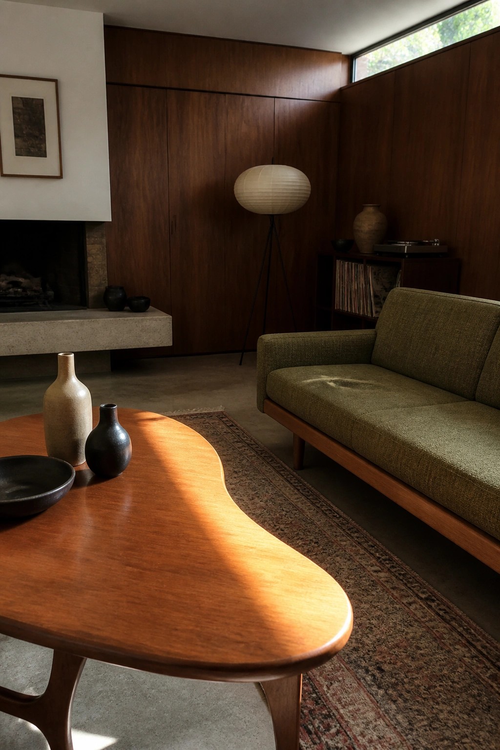Mid-century living room with curved wooden table, green sofa, and paper lantern.