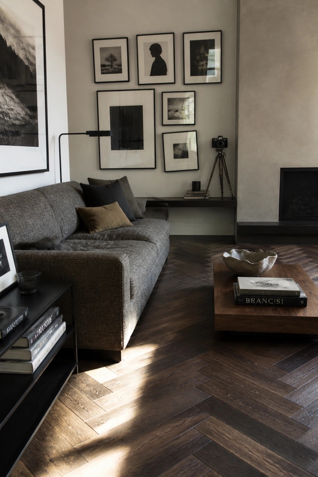 A living room with a low-profile gray fabric sofa, dark wood coffee table, gallery wall of framed black and white photos, and herringbone wood floor.