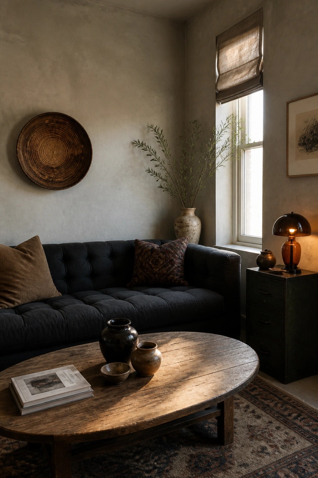 Navy tufted sofa and rustic coffee table with pottery in sunlit room with window