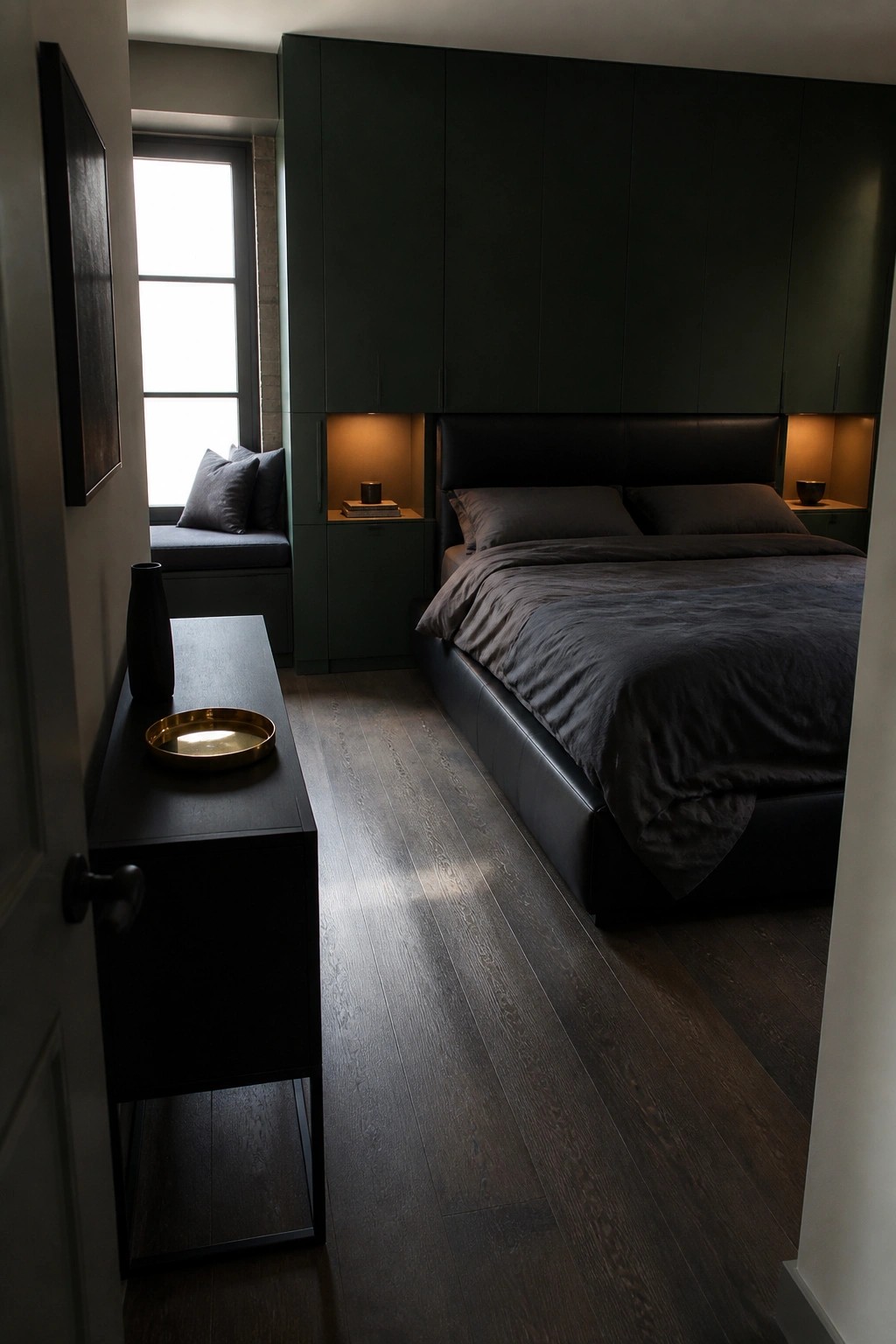 A bedroom with a black bed against deep green built-in cabinets, a black console table in the foreground, and a window seat visible to the left.